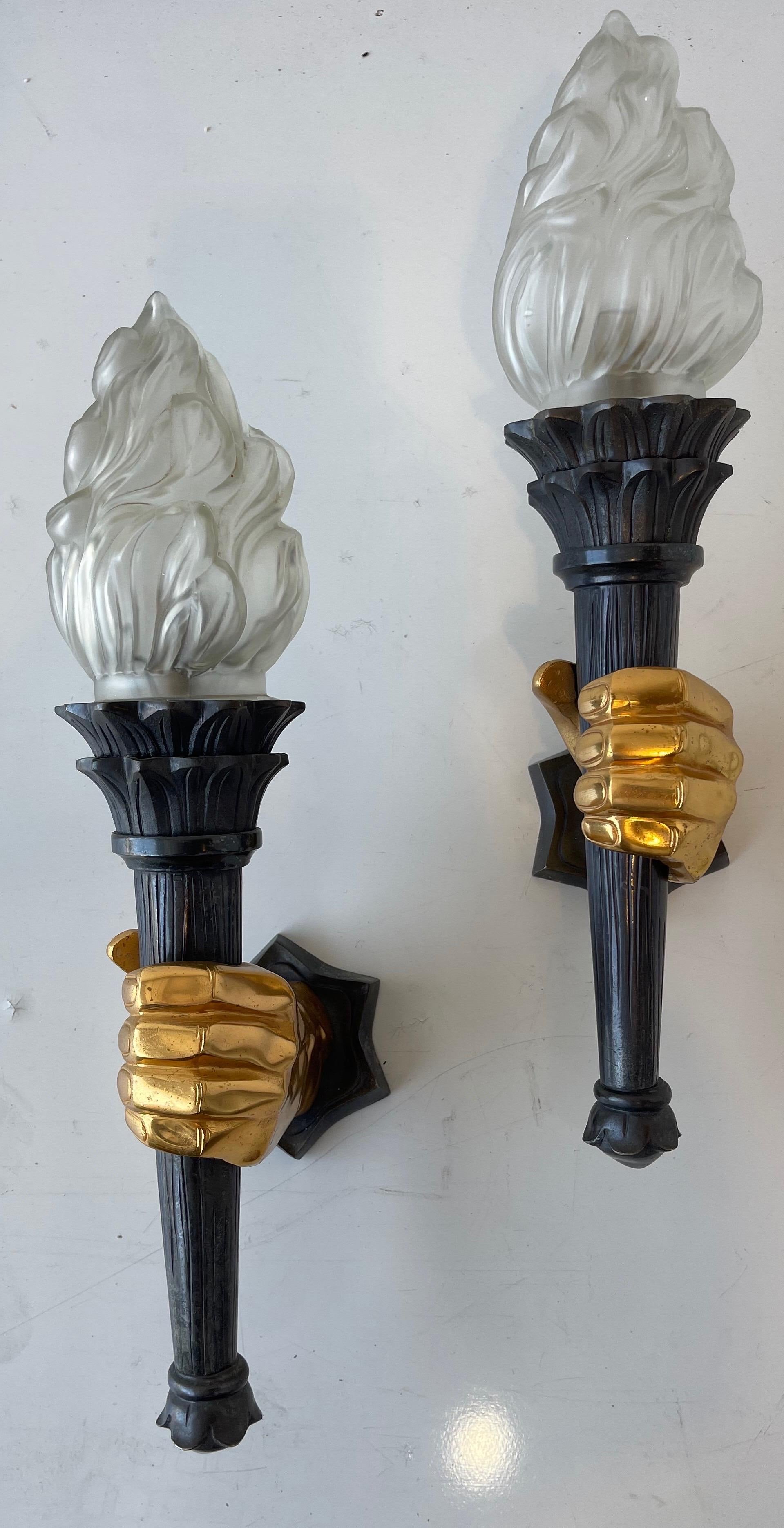 Exceptional suite of 6 French bronze 2 patina wall Sconces in the style of Maison Jansen, circa 1960.
Priced by pair.
US rewired, one socket, 60 watts max or LED .
Backplate dimensions: 4 3/8 H 4 W.