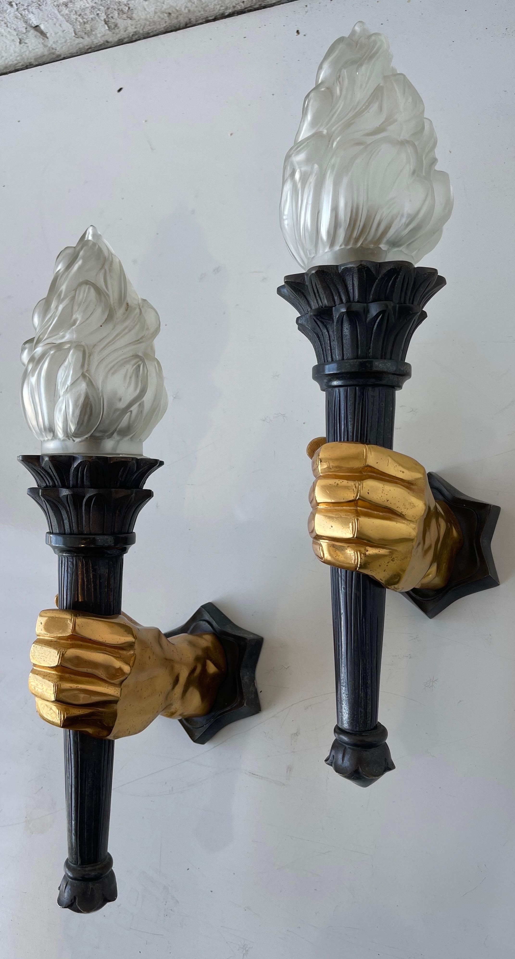 Neoclassical Pair of French 1960s 2 Patina Bronze Hand Sconces, 3 Pairs Available For Sale