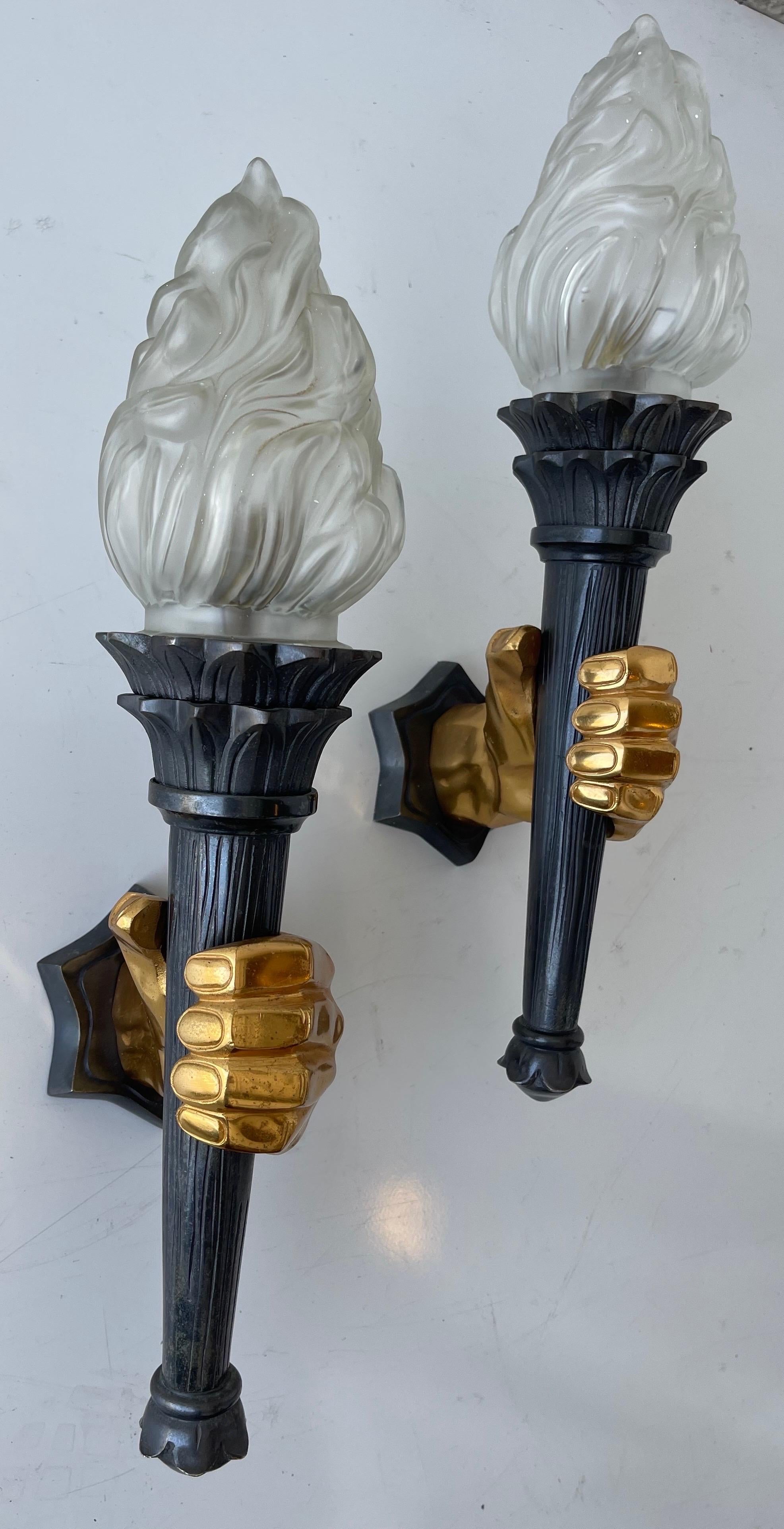 Pair of French 1960s 2 Patina Bronze Hand Sconces, 3 Pairs Available In Good Condition For Sale In Miami, FL
