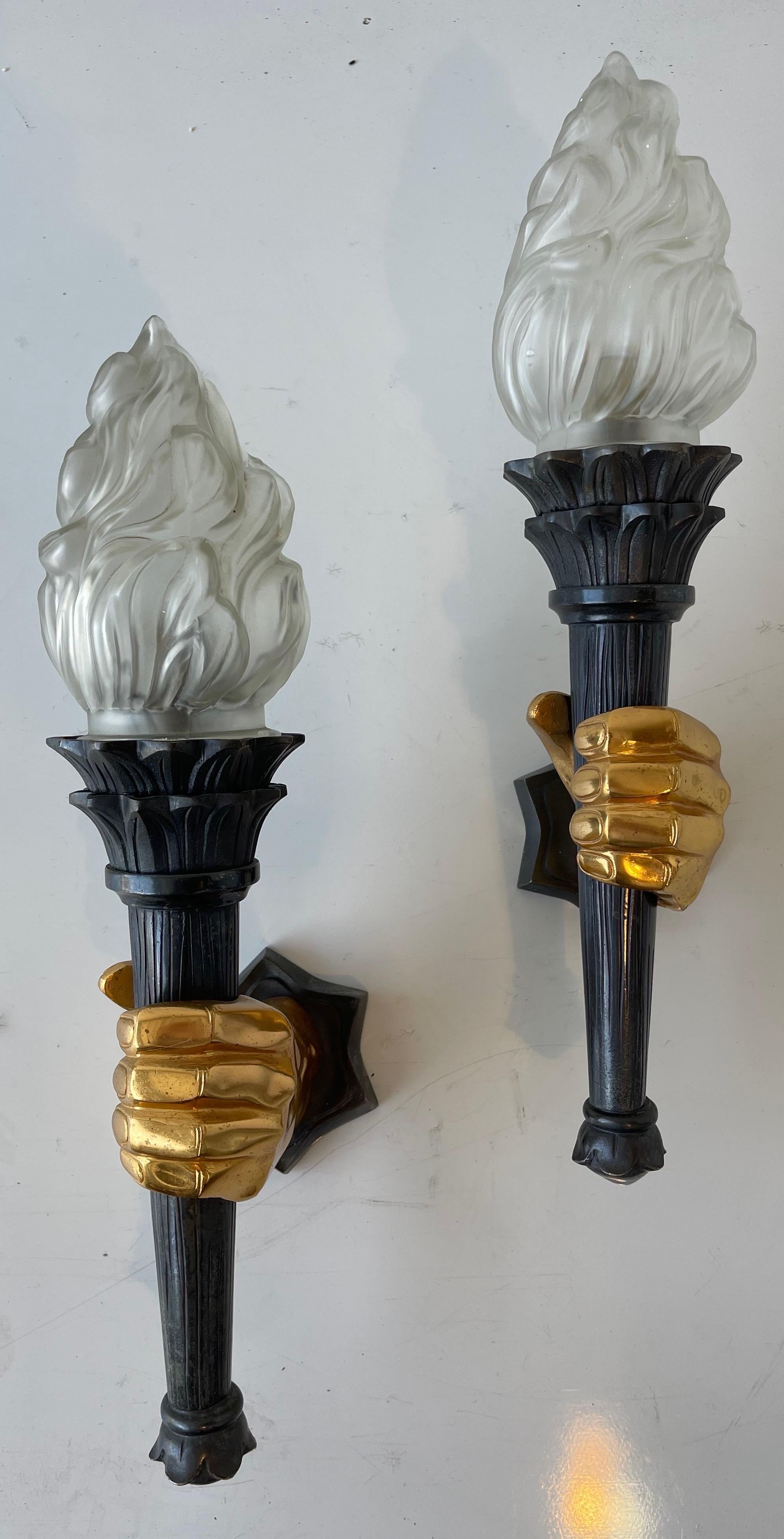 Mid-20th Century Pair of French 1960s 2 Patina Bronze Hand Sconces, 3 Pairs Available For Sale