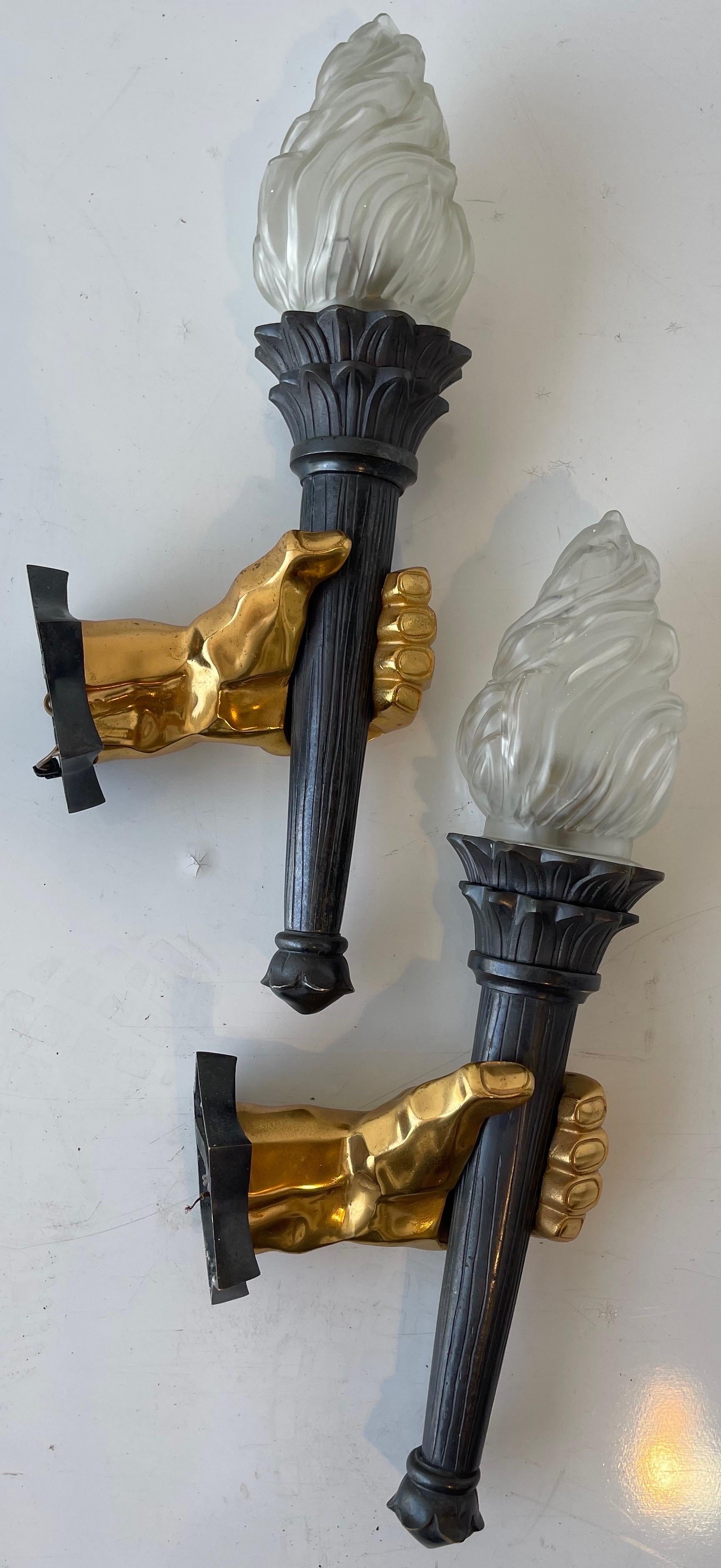 Pair of French 1960s 2 Patina Bronze Hand Sconces, 3 Pairs Available For Sale 2