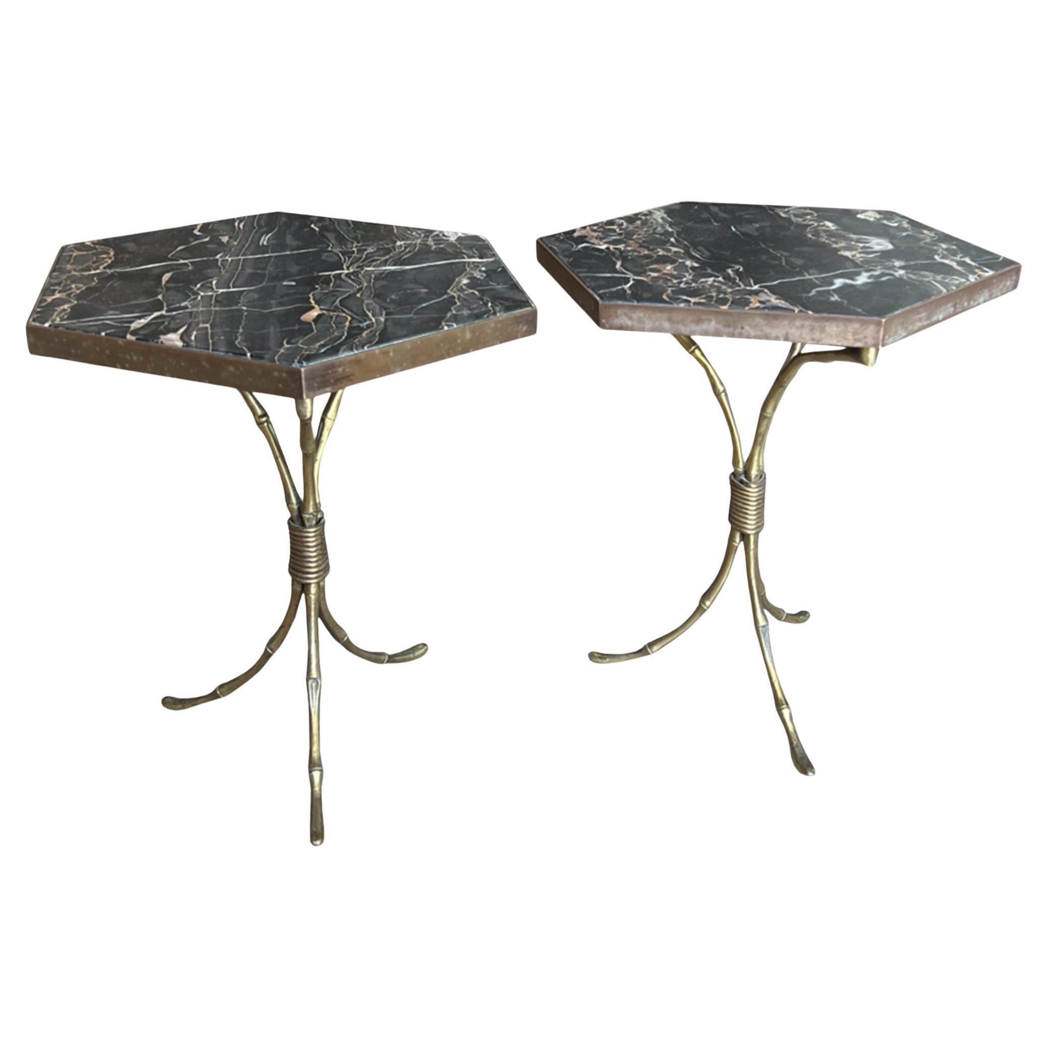 Pair of French 1960s Baguès Style Faux Bamboo Brass Side Tables With Marble Tops For Sale