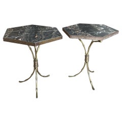 Pair of French 1960s Baguès Style Faux Bamboo Brass Side Tables With Marble Tops