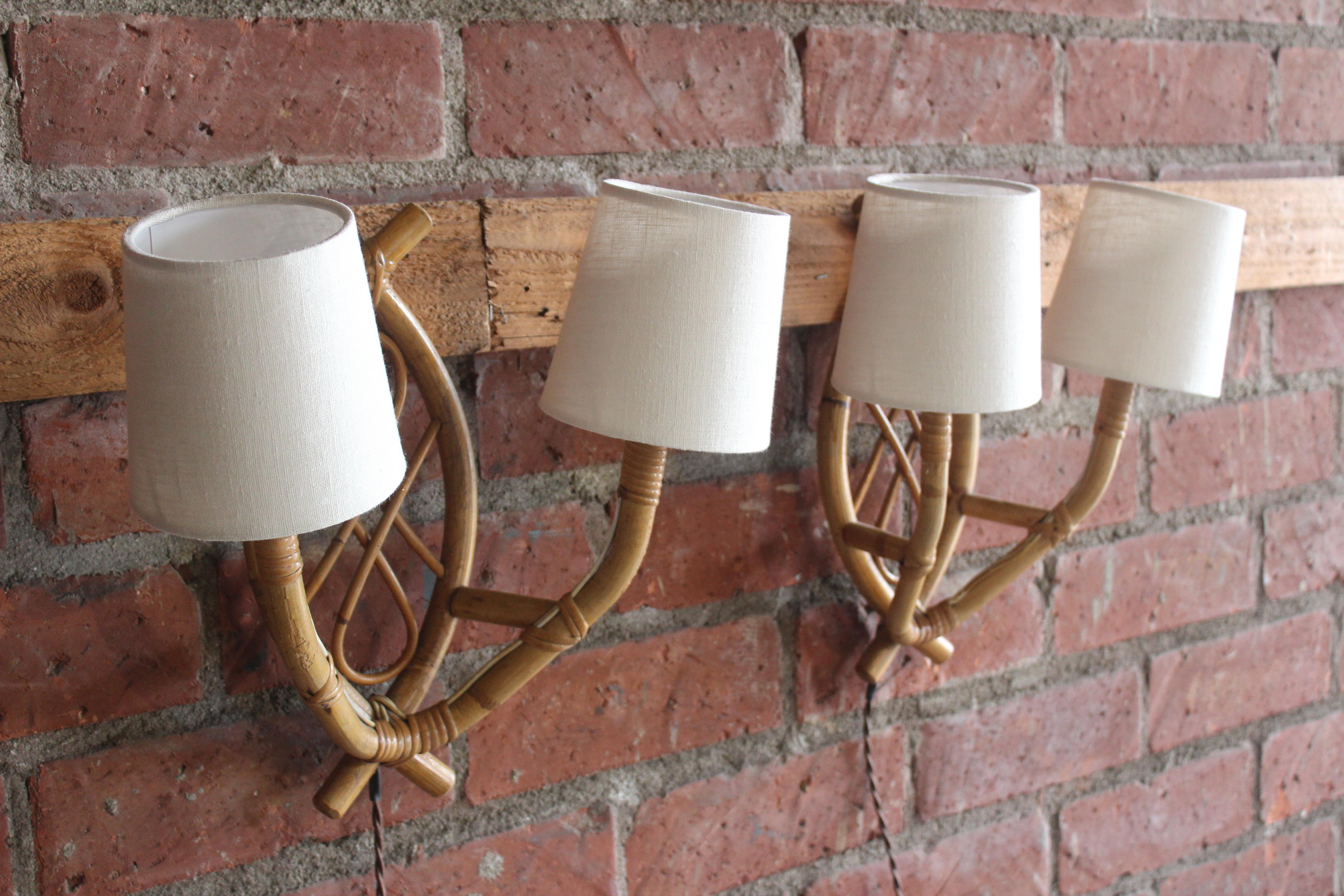 Mid-Century Modern Pair of French 1960s Bamboo Sconces Attributed to Louis Sognot