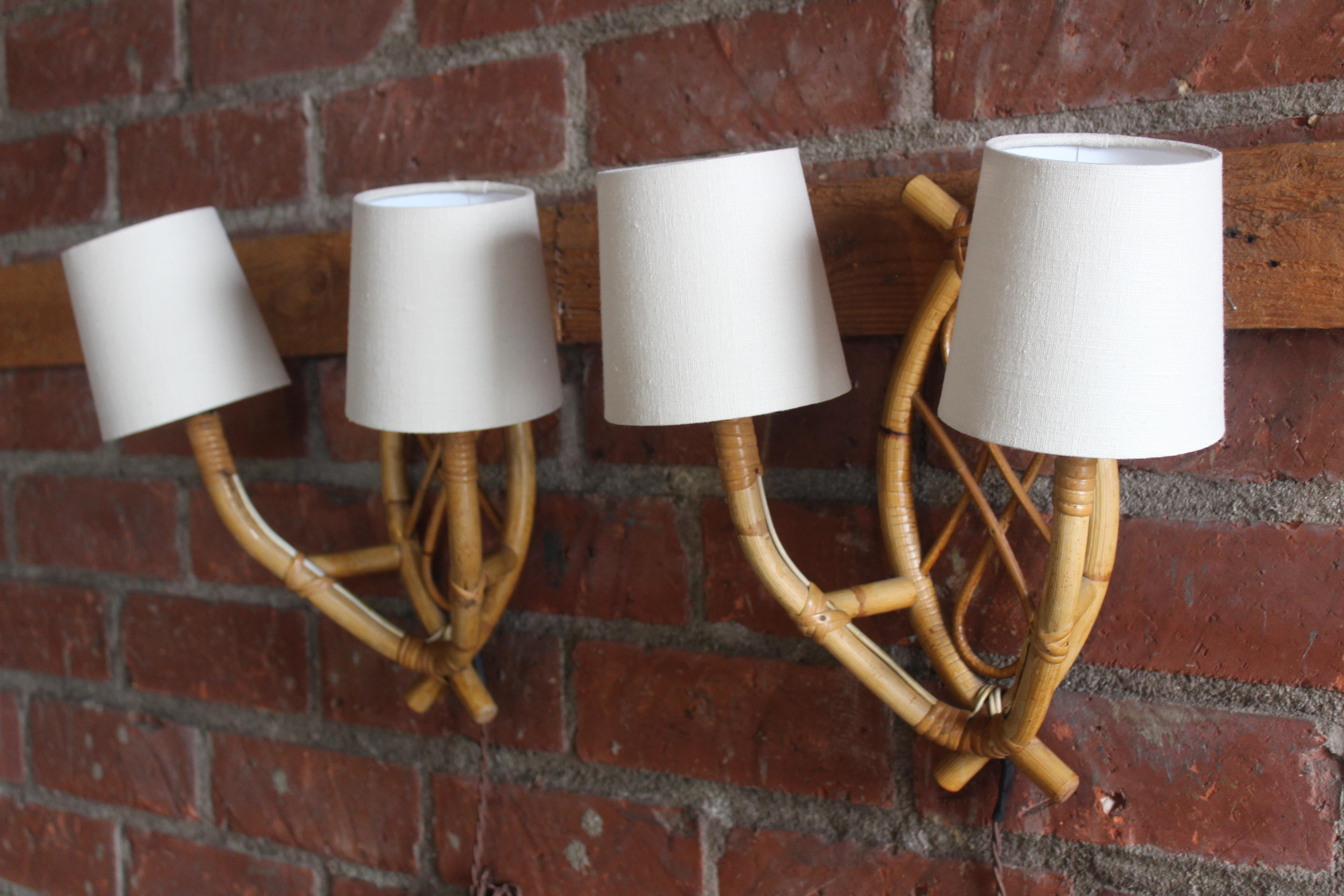 Pair of French 1960s Bamboo Sconces Attributed to Louis Sognot In Good Condition In Los Angeles, CA