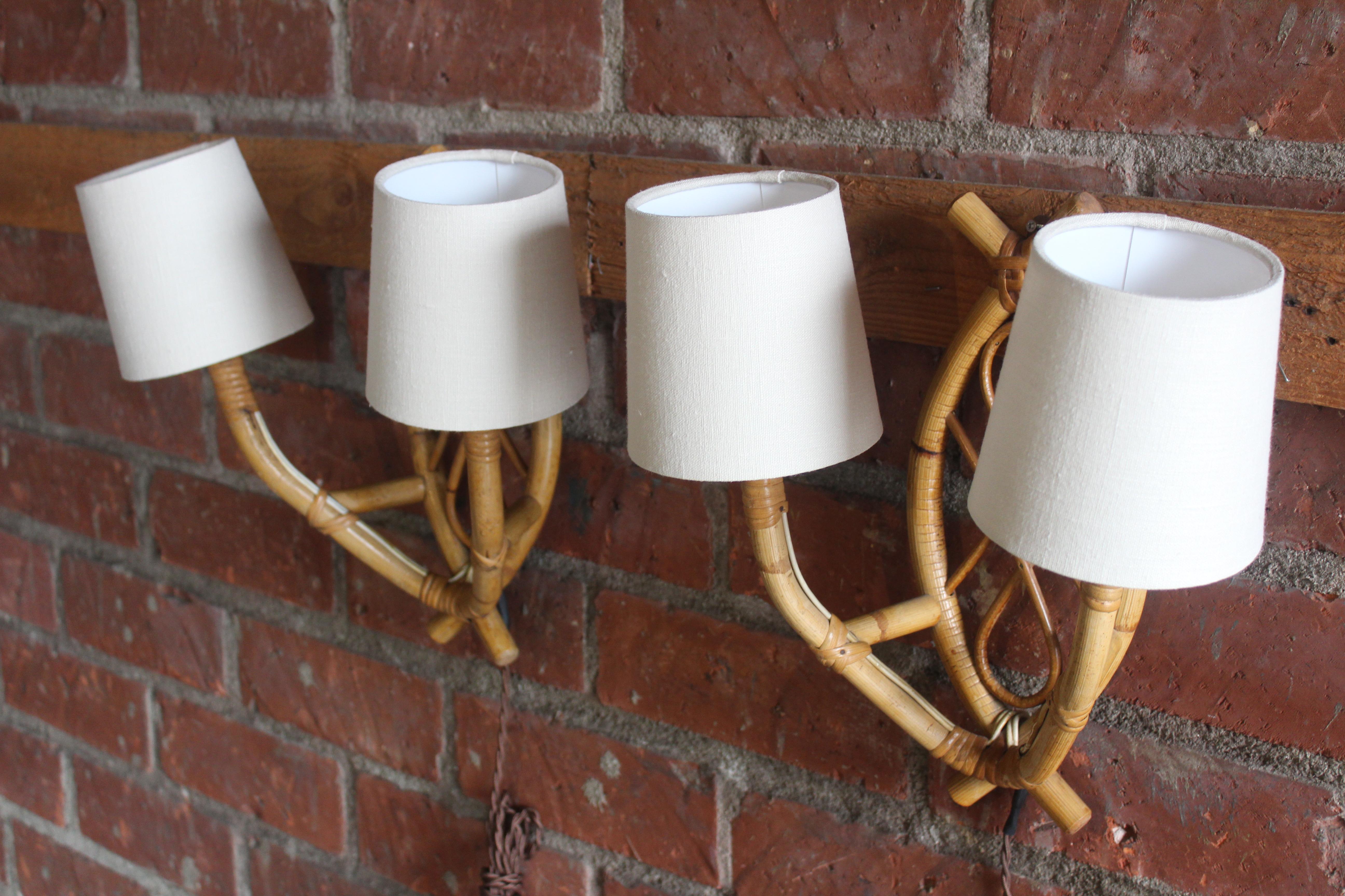 Mid-20th Century Pair of French 1960s Bamboo Sconces Attributed to Louis Sognot