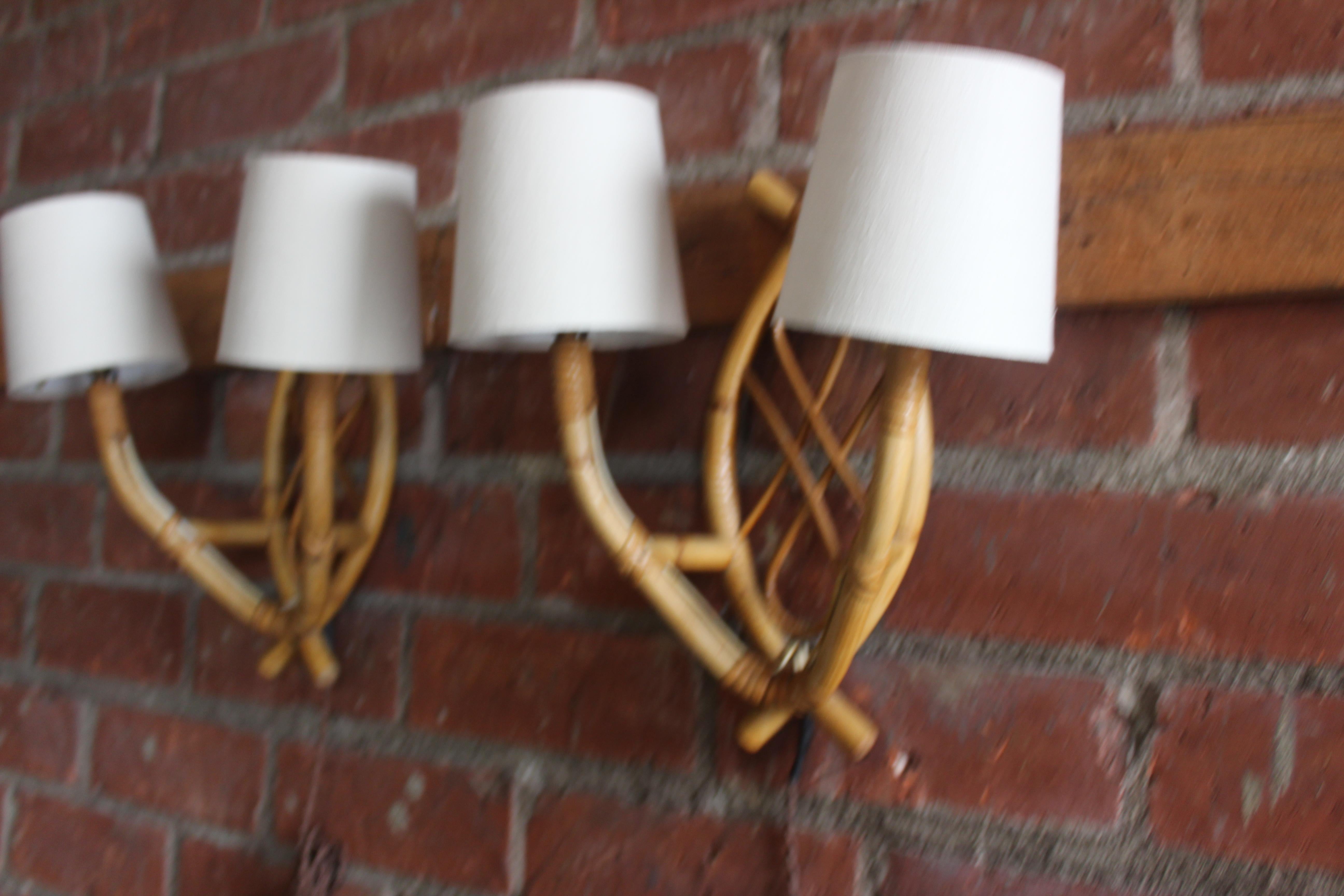 Linen Pair of French 1960s Bamboo Sconces Attributed to Louis Sognot