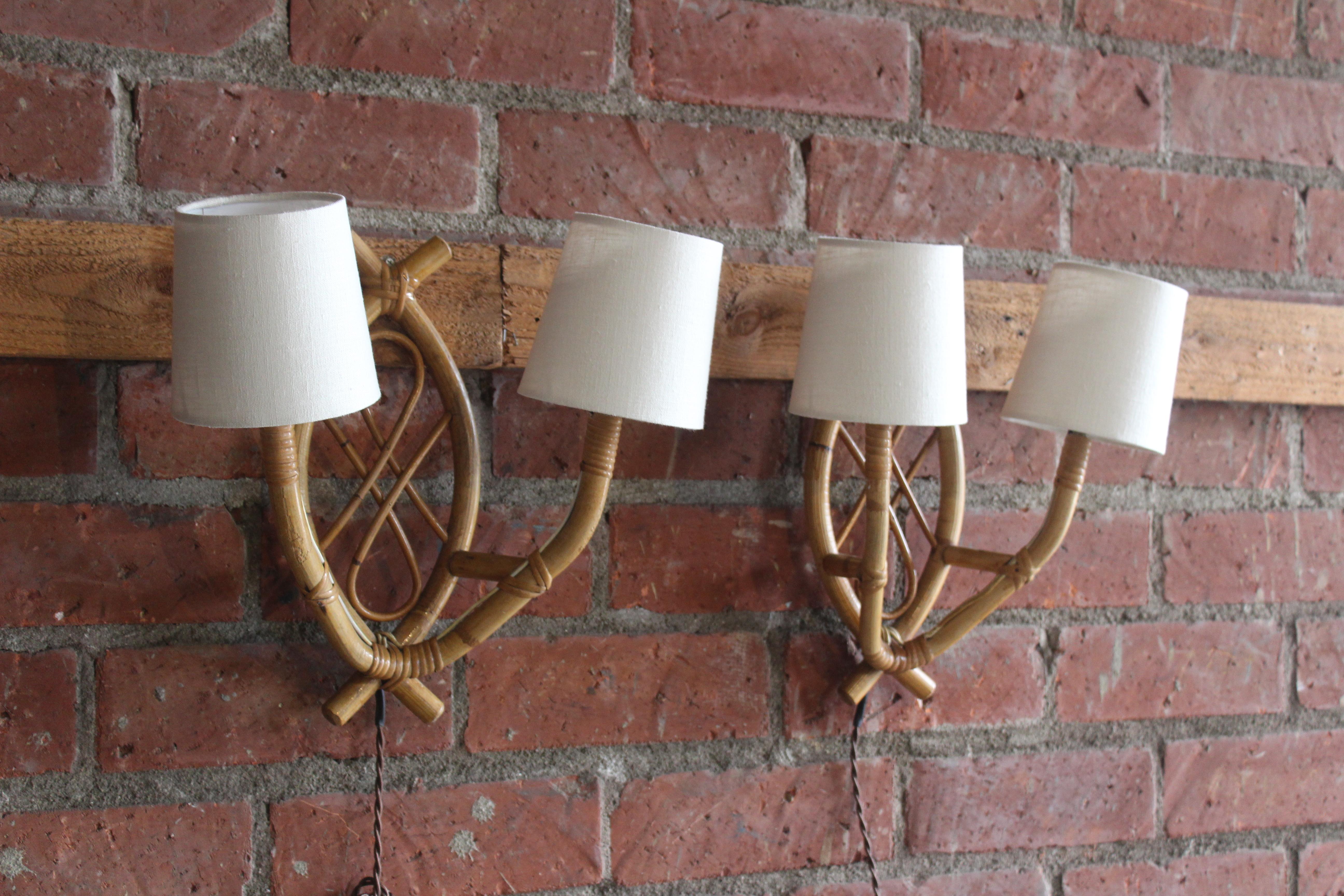 Pair of French 1960s Bamboo Sconces Attributed to Louis Sognot 1
