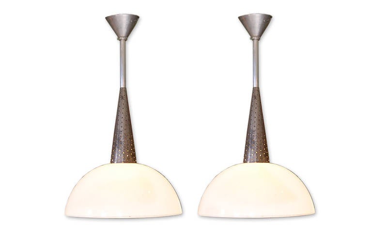 Pair of French 1960s Chrome Cone Shaped Pendants with Milk Glass Half Globes In Fair Condition In Santa Monica, CA