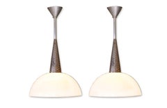 Pair of French 1960s Chrome Cone Shaped Pendants with Milk Glass Half Globes