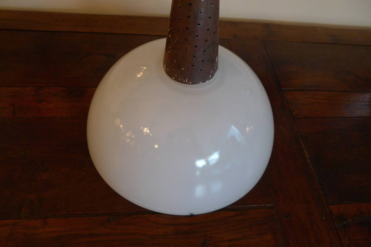 Pair of French 1960s Chrome Cone Shaped Pendants with Milk Glass Half Globes 1