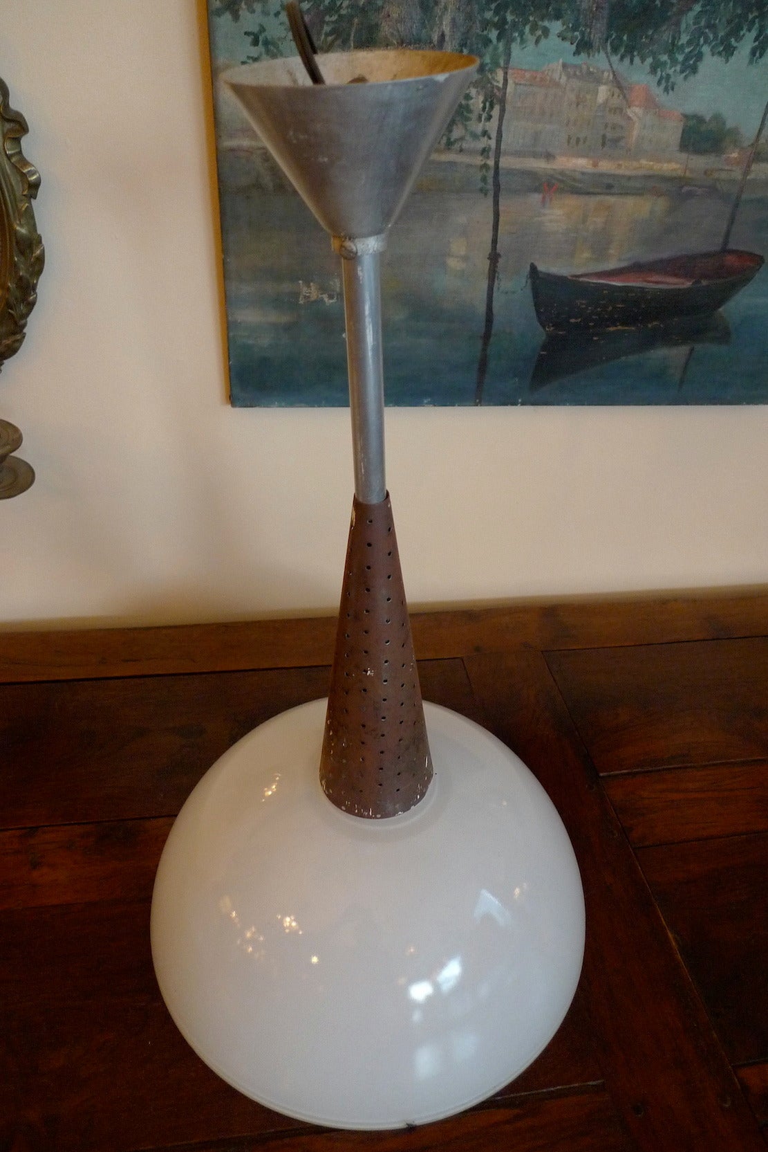 Pair of French 1960s Chrome Cone Shaped Pendants with Milk Glass Half Globes 2