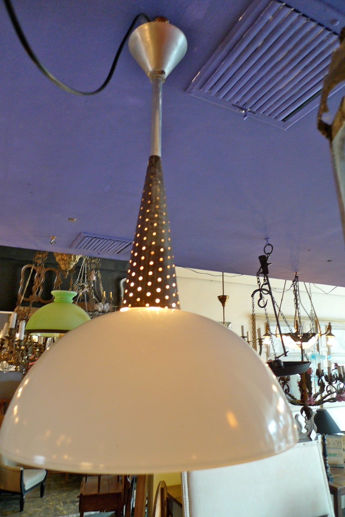 Pair of French 1960s Chrome Cone Shaped Pendants with Milk Glass Half Globes 3