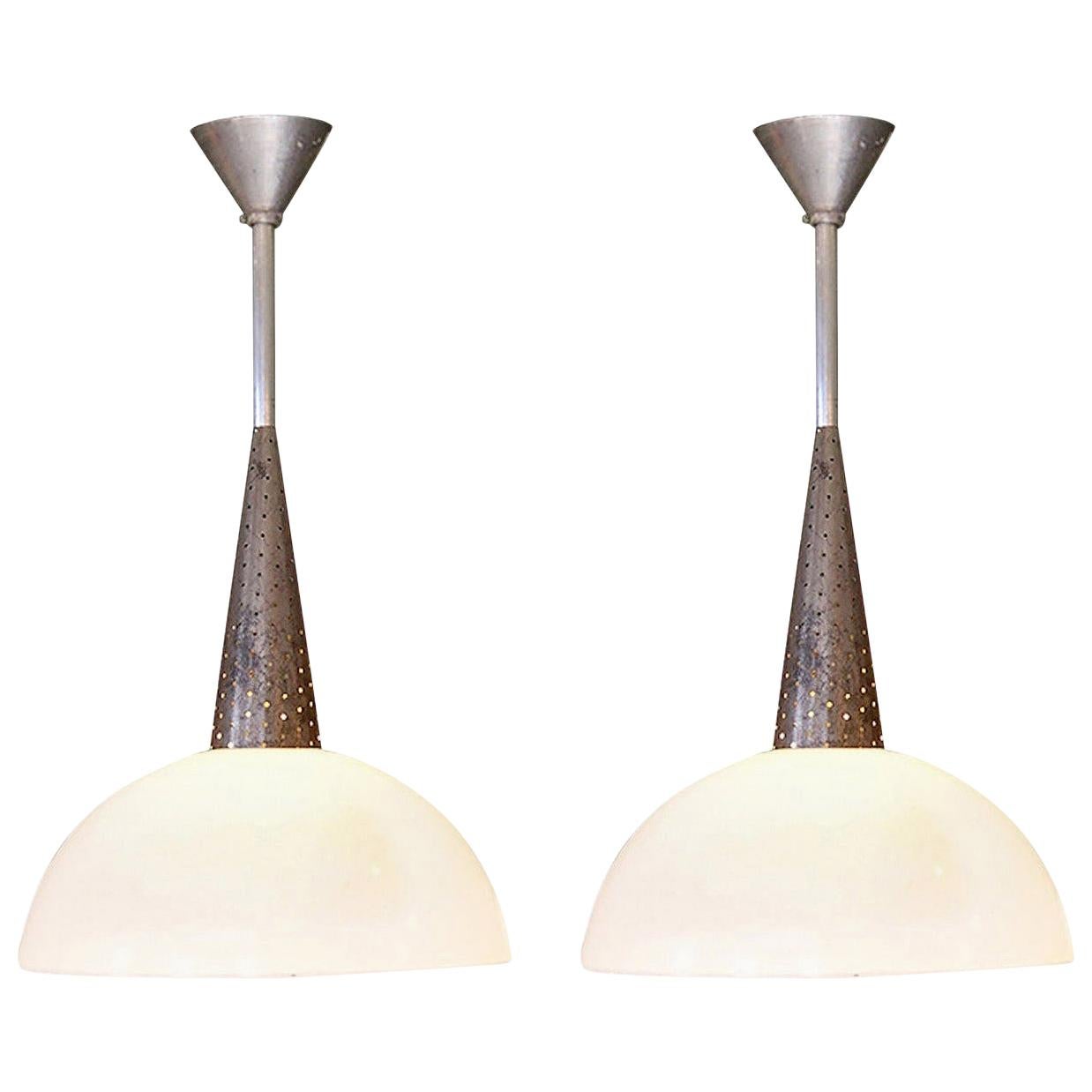Pair of French 1960s Chrome Cone Shaped Pendants with Milk Glass Half Globes