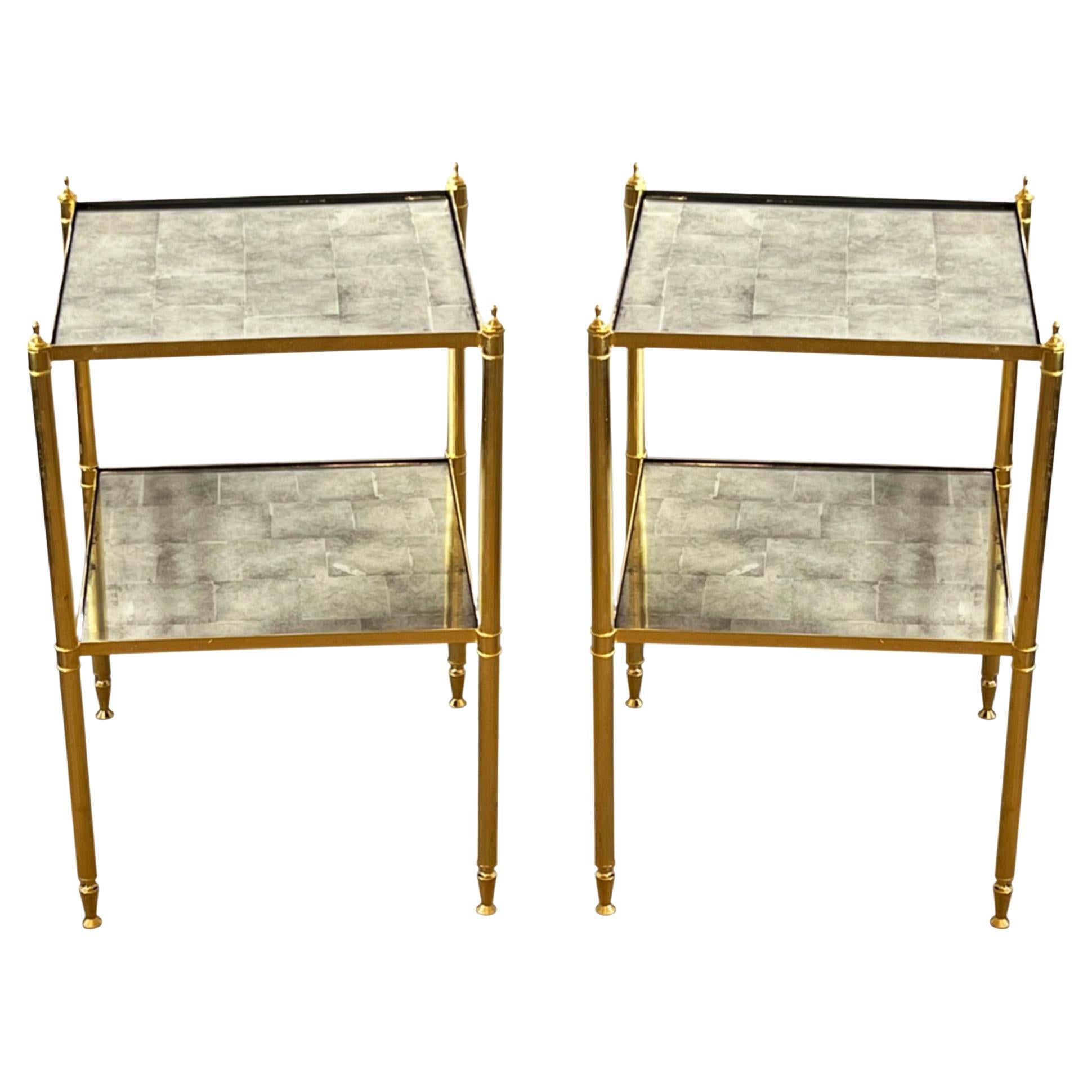 Pair of French 1960s Gilt Metal & Eglosmise Glass Side Tables