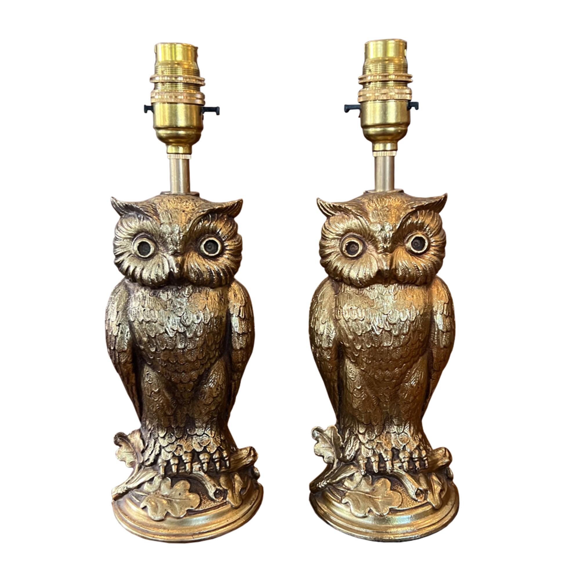A delightful pair of table lamps - two gorgeous owls sitting on an oak stump. 

Lovely detail from the eyes to the feathers and oak leaves. Made in France in the 1960s and very decorative.

We've had them rewired using rope twisted silk flex.