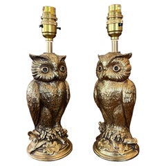 Pair of French 1960s Gilt Metal Owl Table Lamps