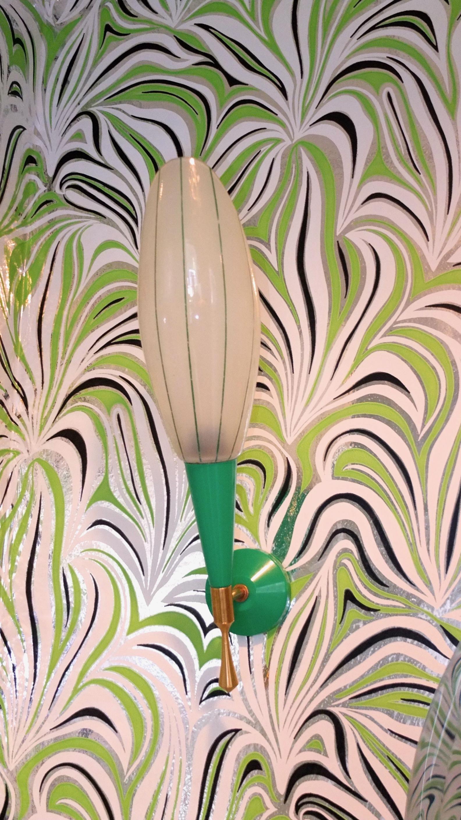 Pair of French 1960's Green, Brass & Enameled Glass Sconces For Sale 6