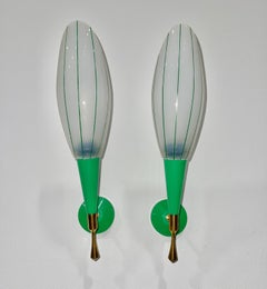 Pair of French 1960's Green, Brass & Enameled Glass Sconces