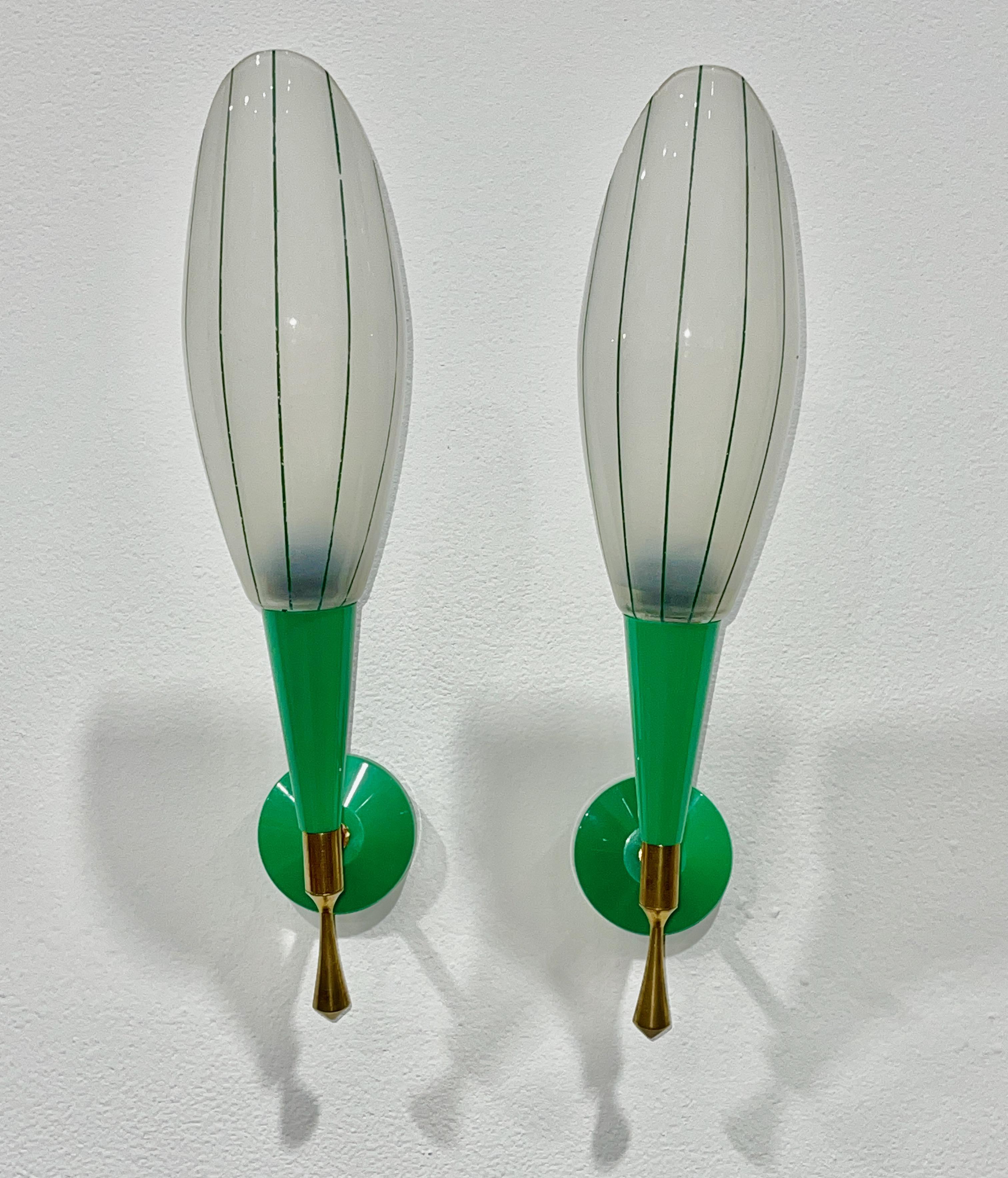 Mid-Century Modern Pair of French 1960's Green, Brass & Enameled Glass Sconces For Sale