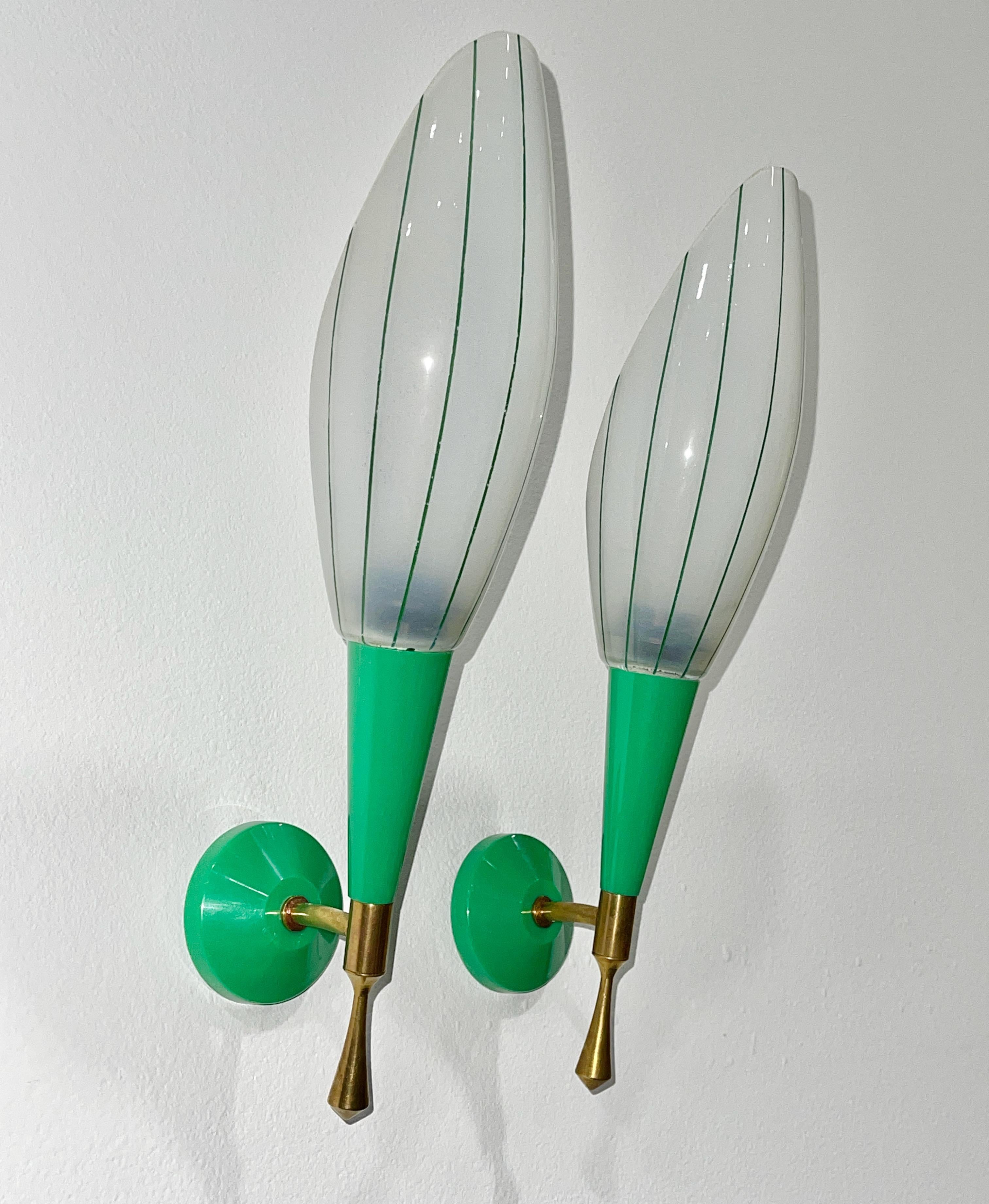 Mid-20th Century Pair of French 1960's Green, Brass & Enameled Glass Sconces For Sale