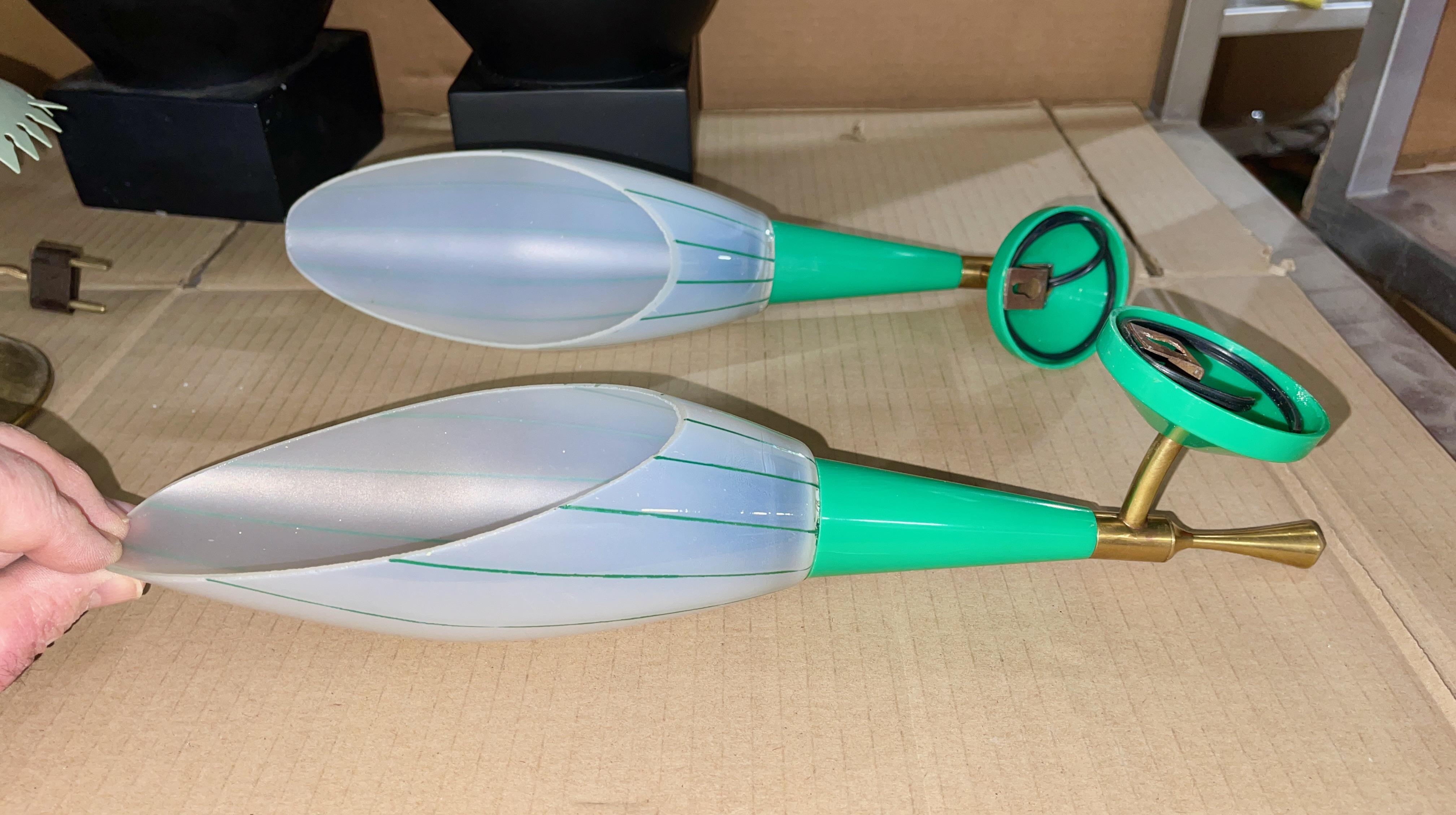 Pair of French 1960's Green, Brass & Enameled Glass Sconces For Sale 1
