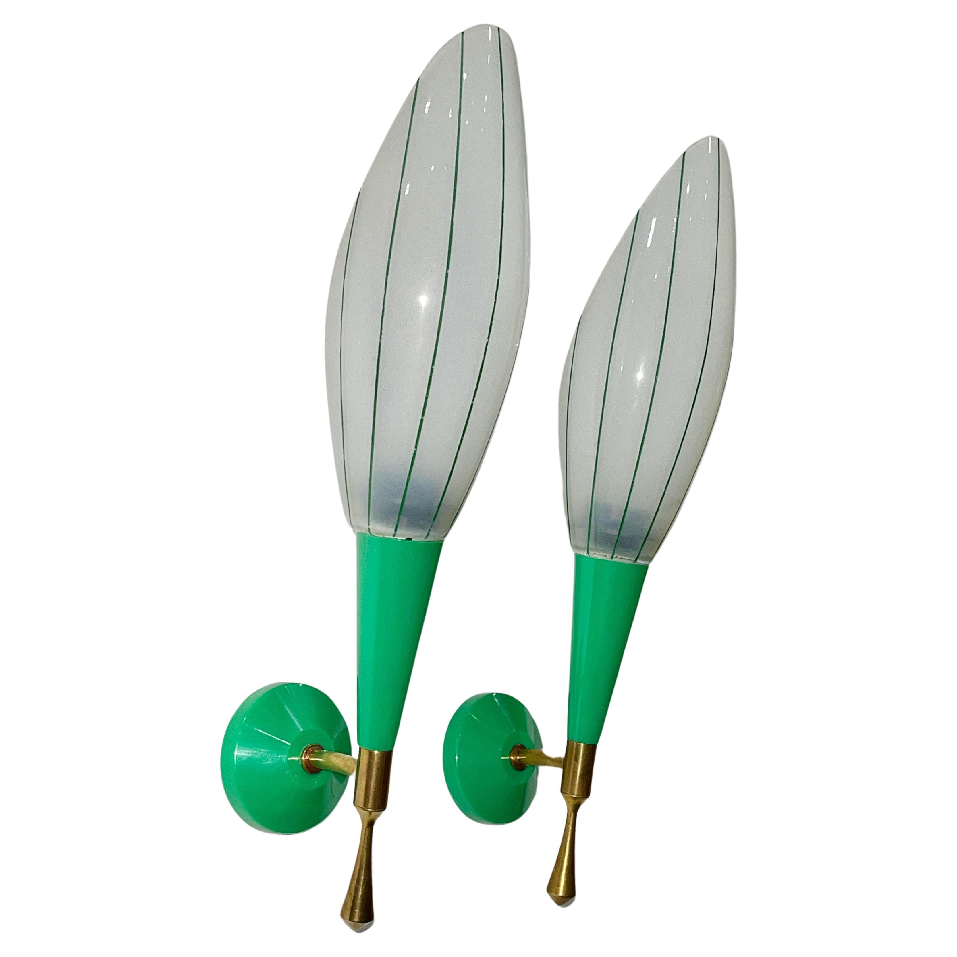 Pair of French 1960's Green, Brass & Enameled Glass Sconces For Sale