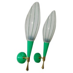 Pair of French 1960's Green, Brass & Enameled Glass Sconces
