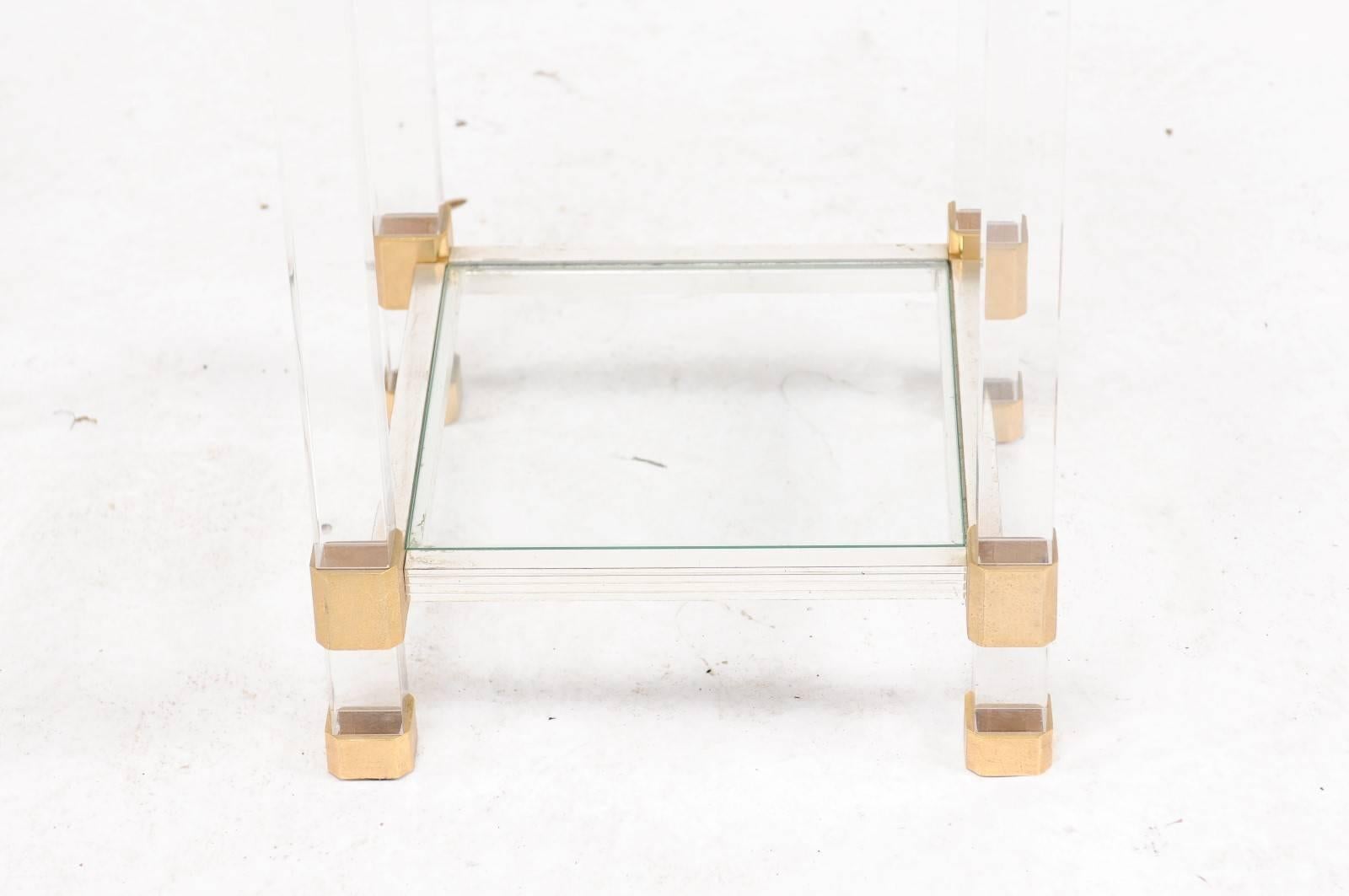 Mid-Century Modern Pair of French 1960s Pierre Vandel Metal, Brass, Lucite and Glass Side Tables