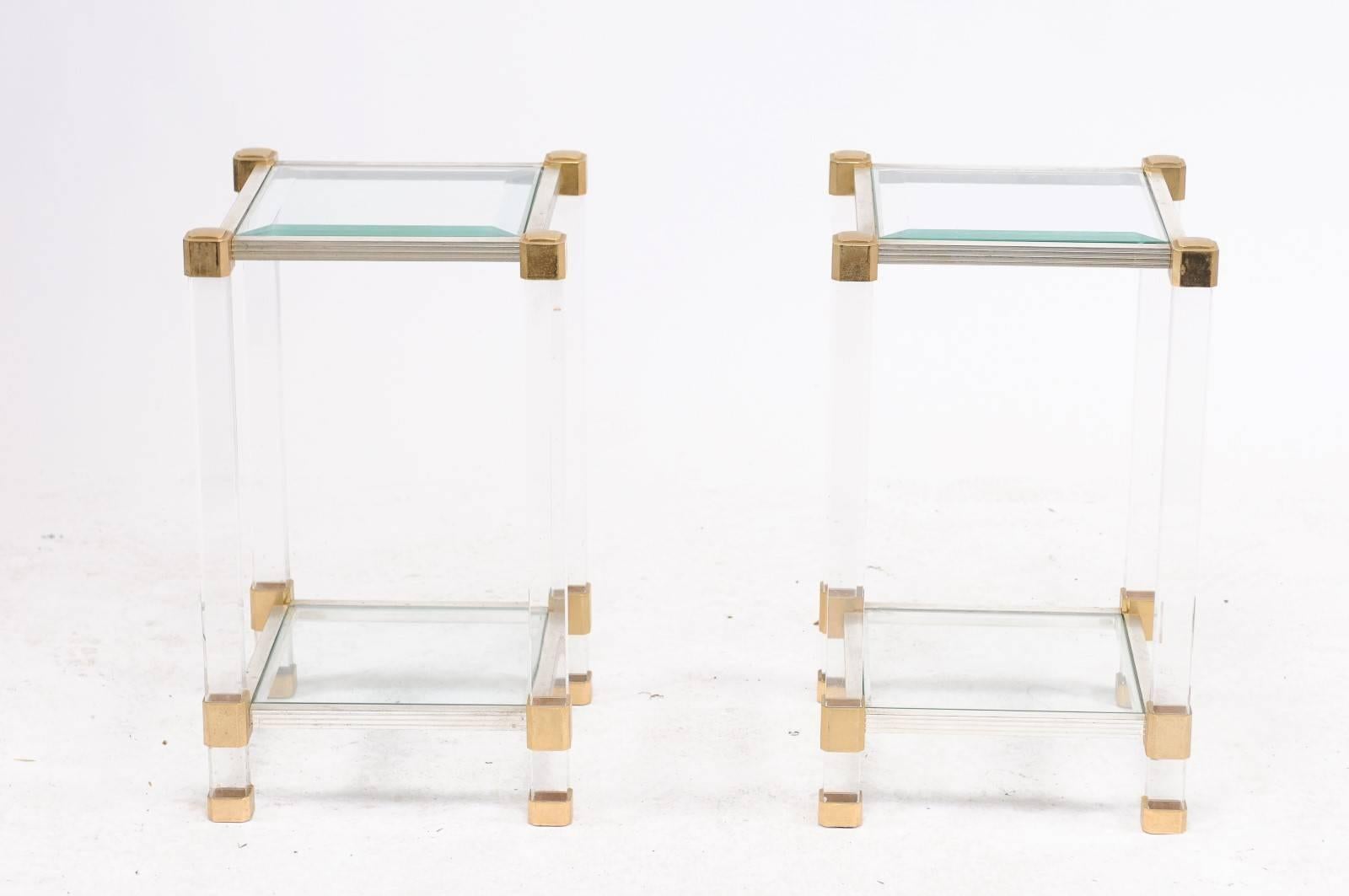 Pair of French 1960s Pierre Vandel Metal, Brass, Lucite and Glass Side Tables In Good Condition In Atlanta, GA