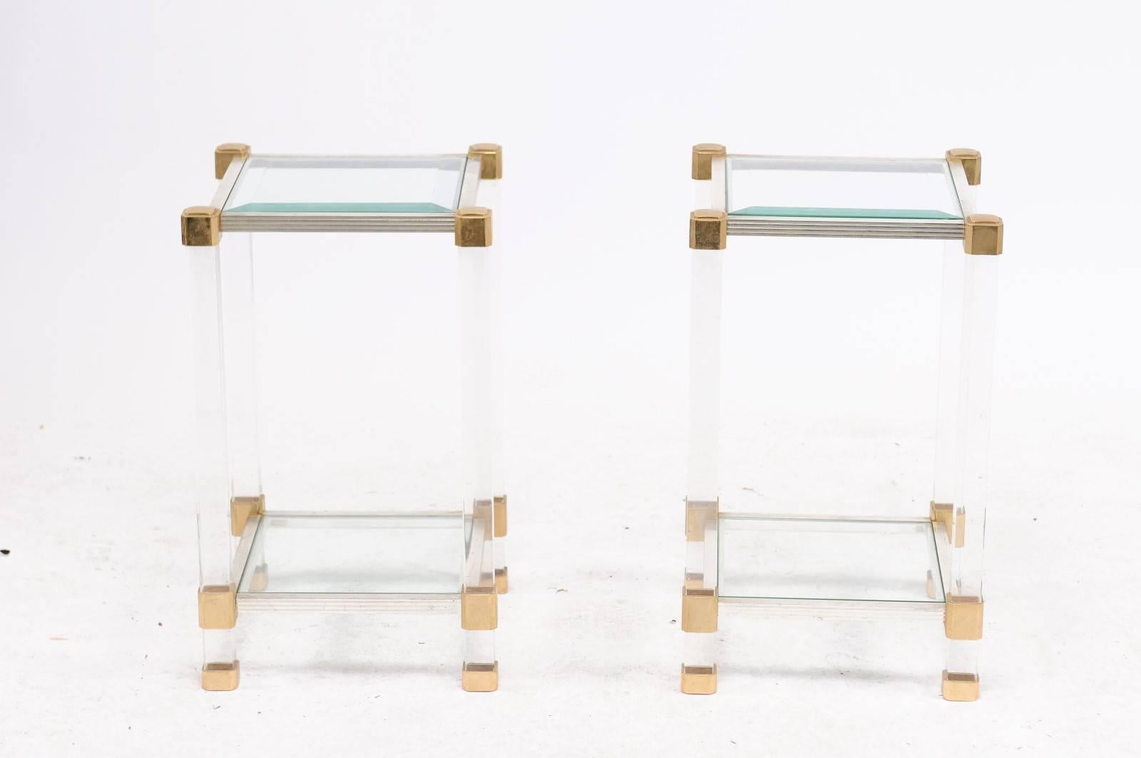 20th Century Pair of French 1960s Pierre Vandel Metal, Brass, Lucite and Glass Side Tables