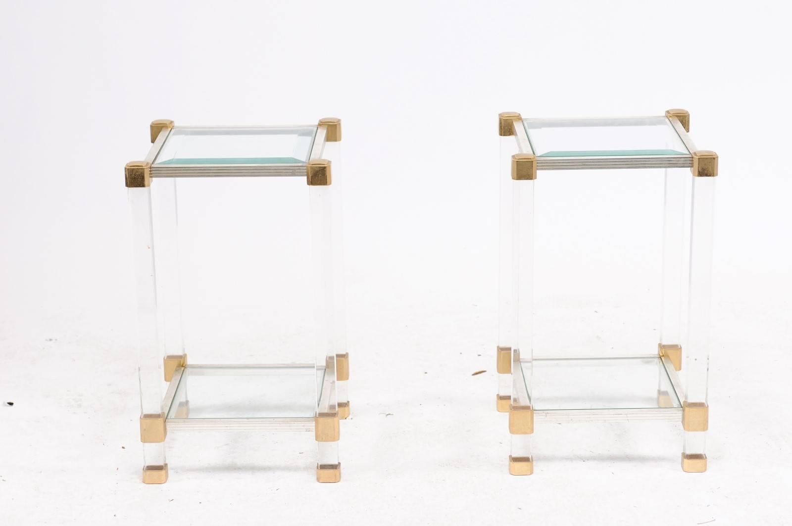 Pair of French 1960s Pierre Vandel Metal, Brass, Lucite and Glass Side Tables 1