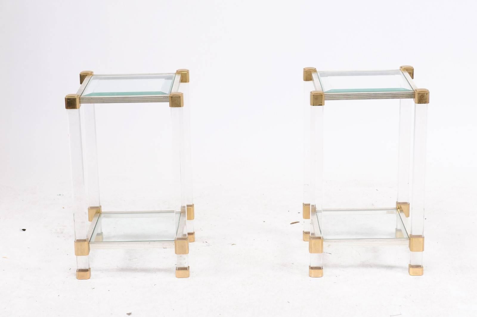 Pair of French 1960s Pierre Vandel Metal, Brass, Lucite and Glass Side Tables 2