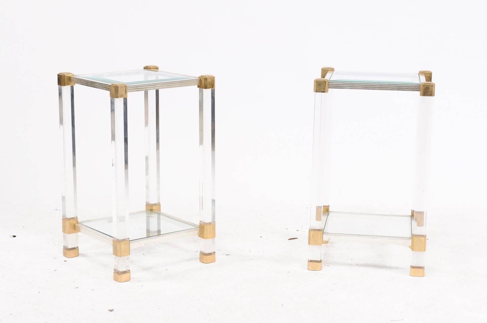 Pair of French 1960s Pierre Vandel Metal, Brass, Lucite and Glass Side Tables 3