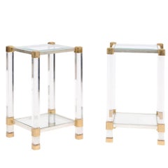 Pair of French 1960s Pierre Vandel Metal, Brass, Lucite and Glass Side Tables
