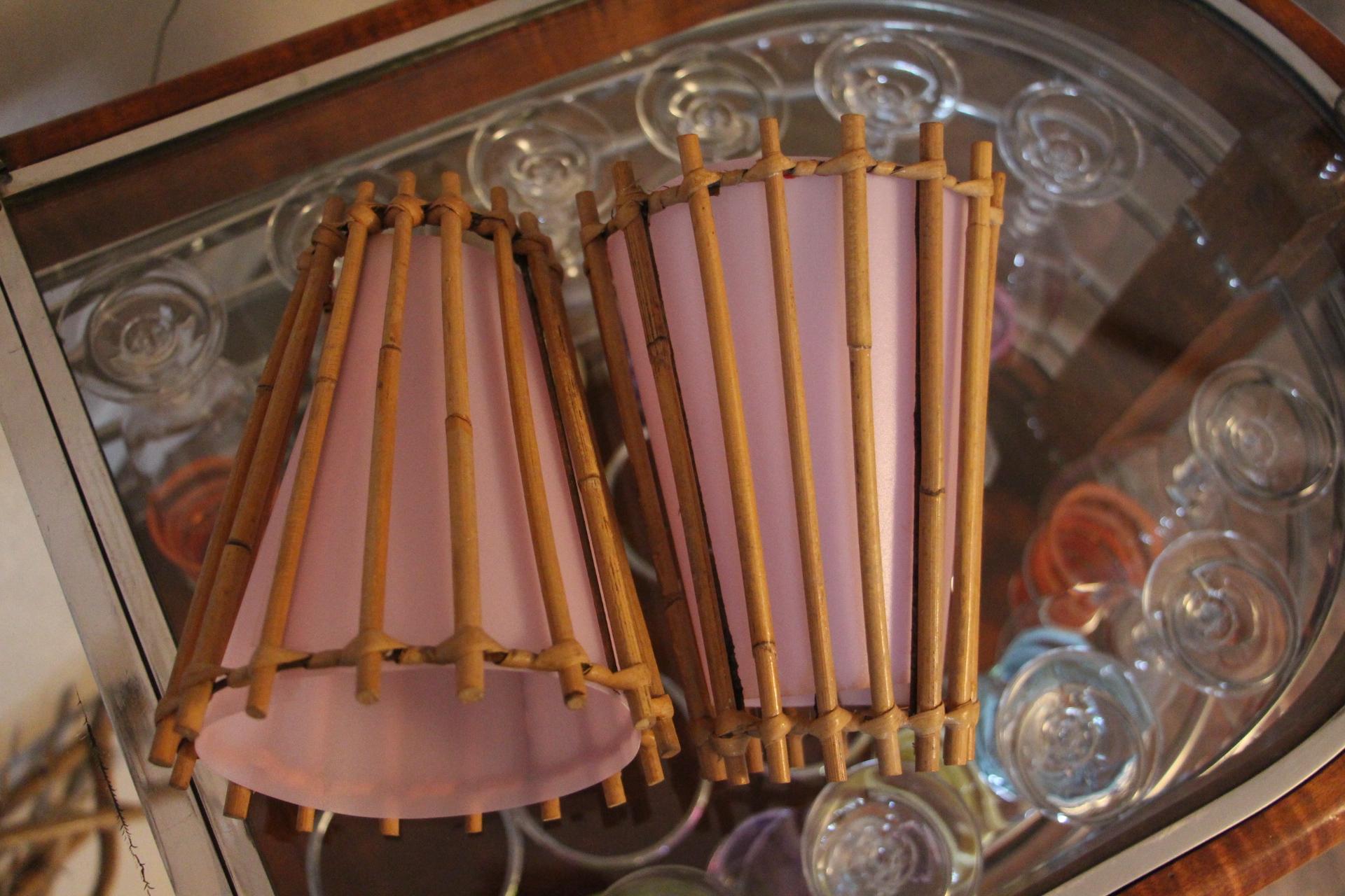 Pair of French 1960's Rattan Sconces by Louis Sognot with Light Pink Lampshades 6