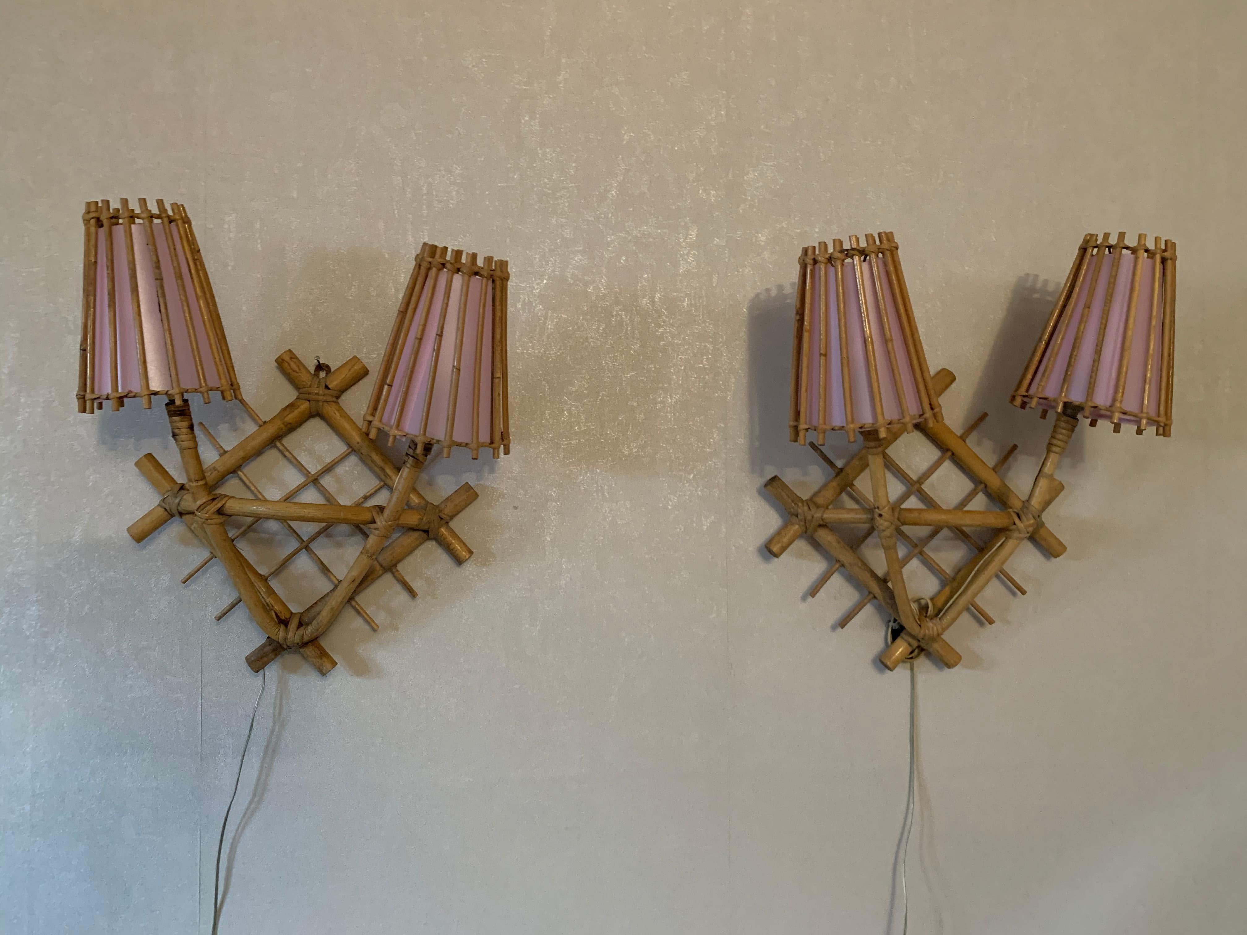 Pair of French 1960's Rattan Sconces by Louis Sognot with Light Pink Lampshades 12