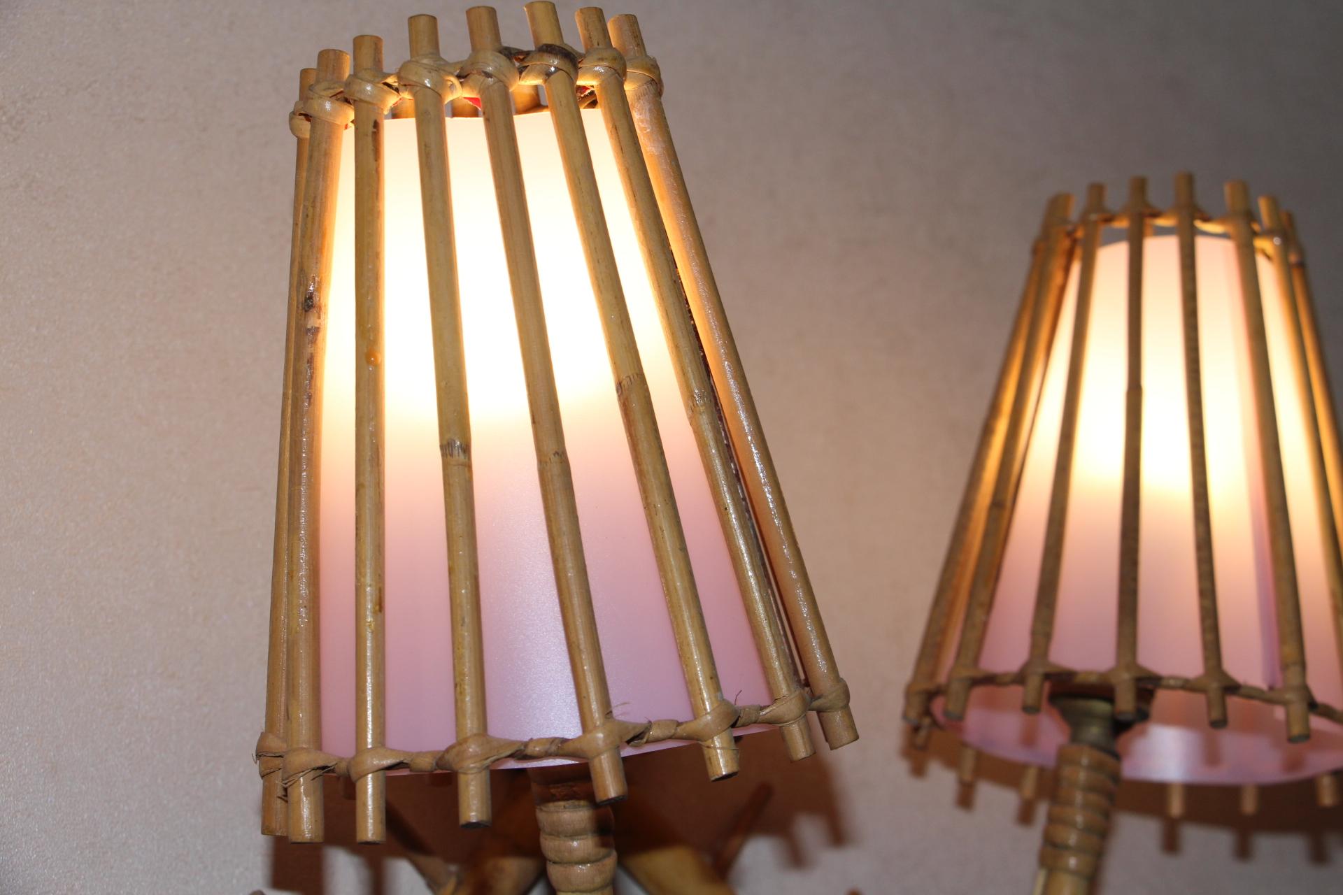 Pair of French 1960's Rattan Sconces by Louis Sognot with Light Pink Lampshades 2