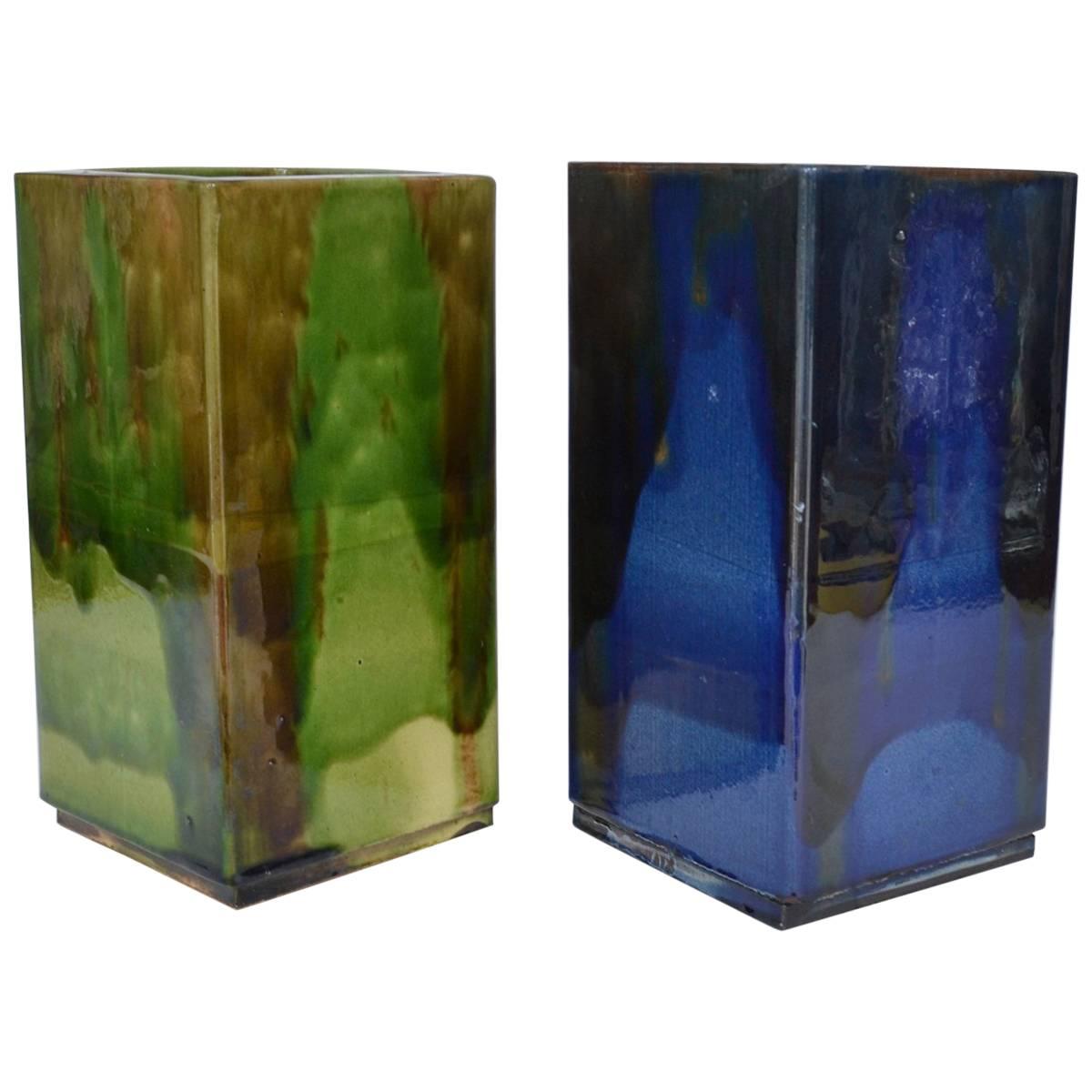 Pair of French Square 1960's Studio Pottery Vases in Blue and Green For Sale