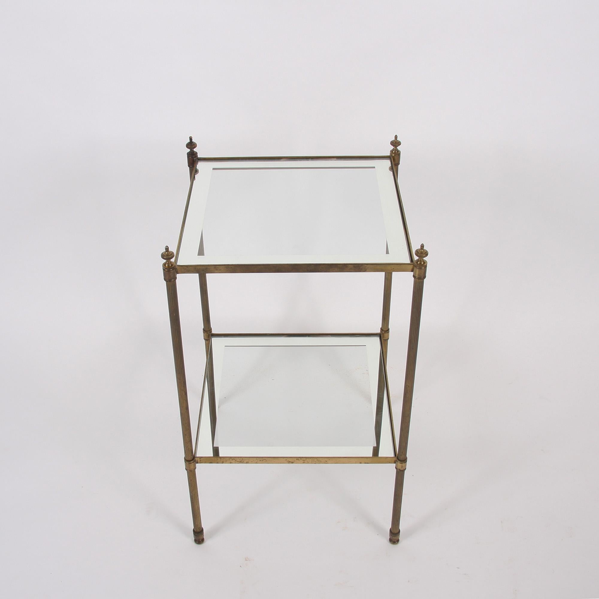 Mid-20th Century Pair of French 1960s Two-Tier Brass Side Tables with Mirrored Borders