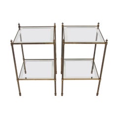 Pair of French 1960s Two-Tier Brass Side Tables with Mirrored Borders