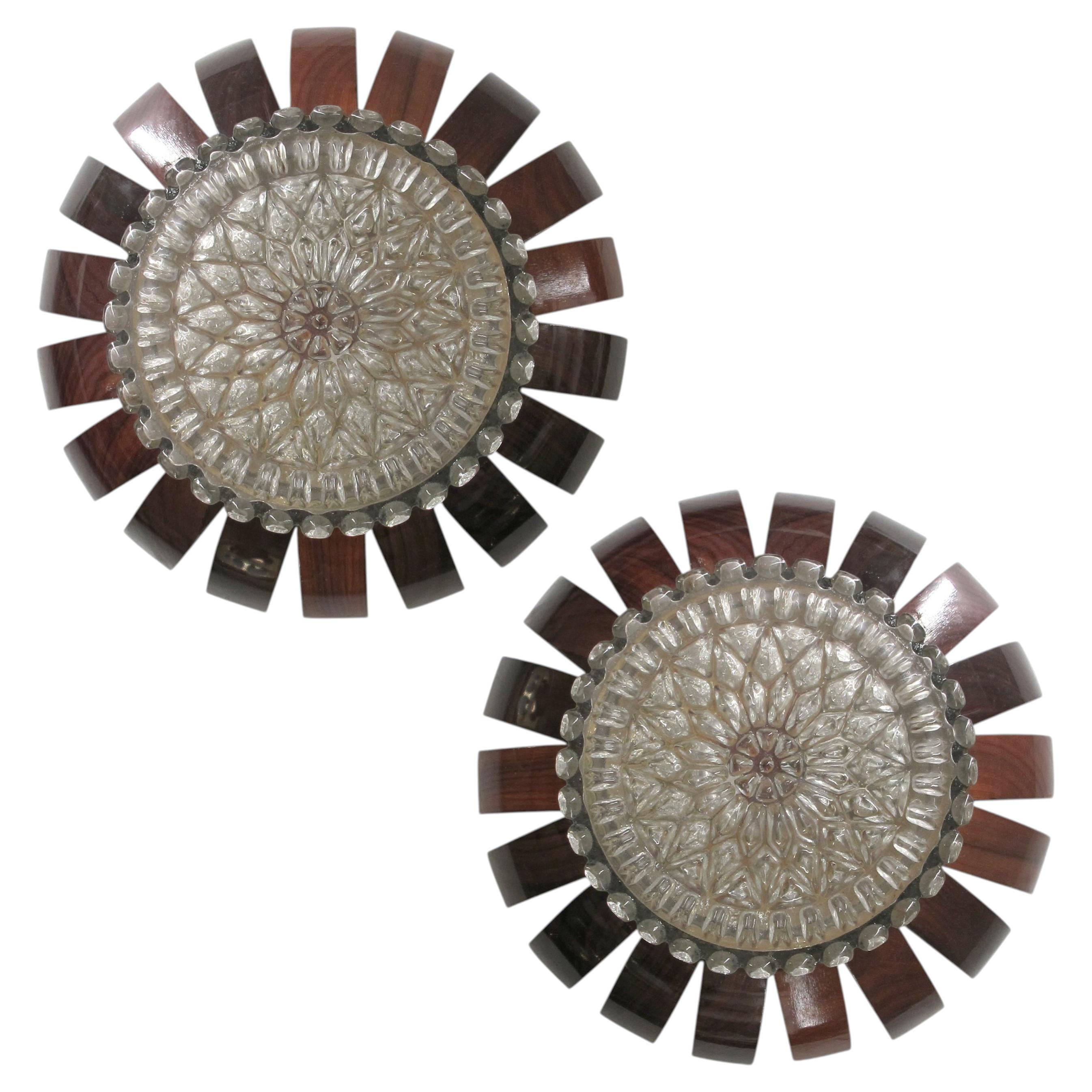 Pair of French 1960s Wall Sconces/Plafonniers with Textured Glass Shades For Sale