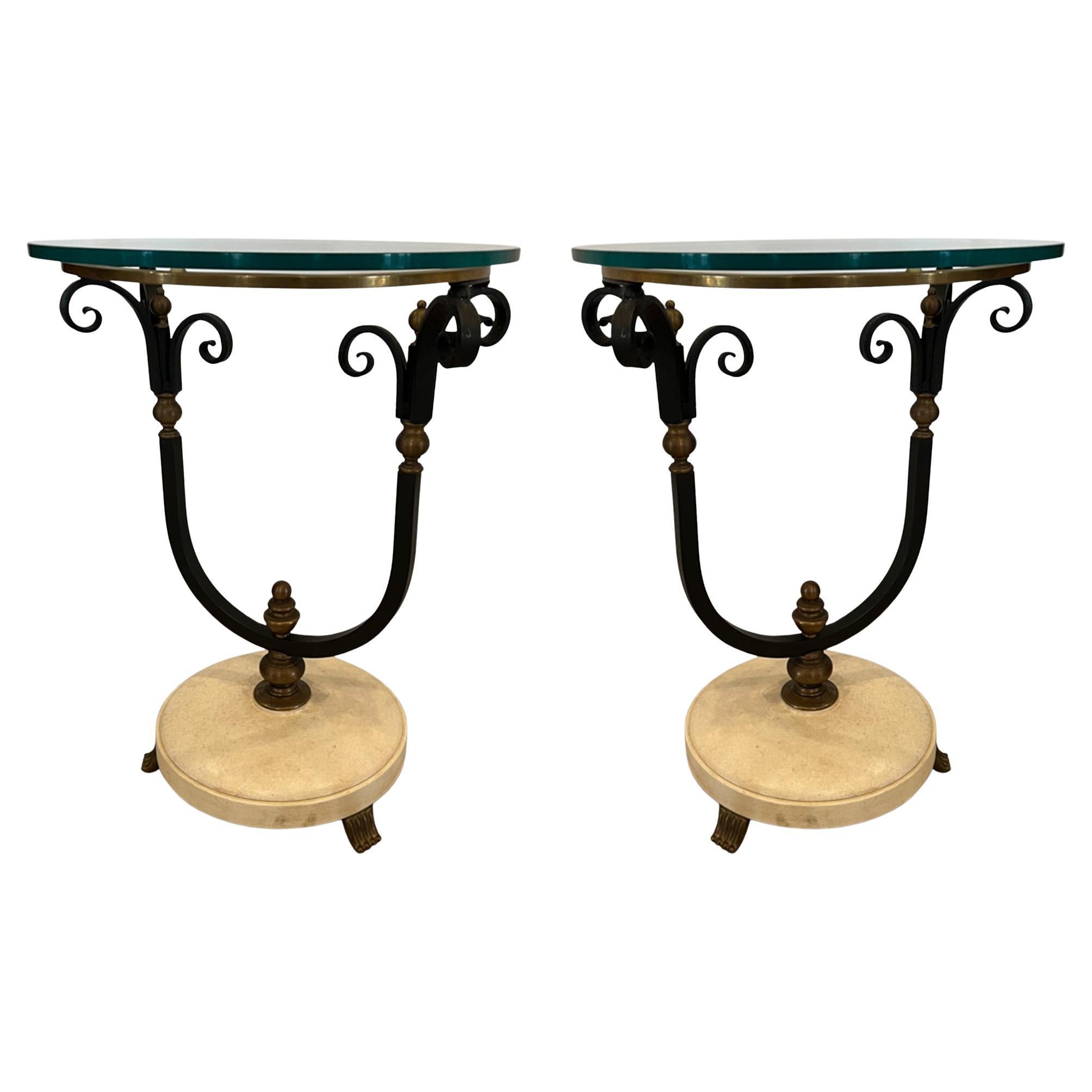 Pair of French 1960s Wrought Iron and Brass Side Tables