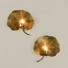 Pair of French 1970 brass lily pad wall lights by Maison Florart