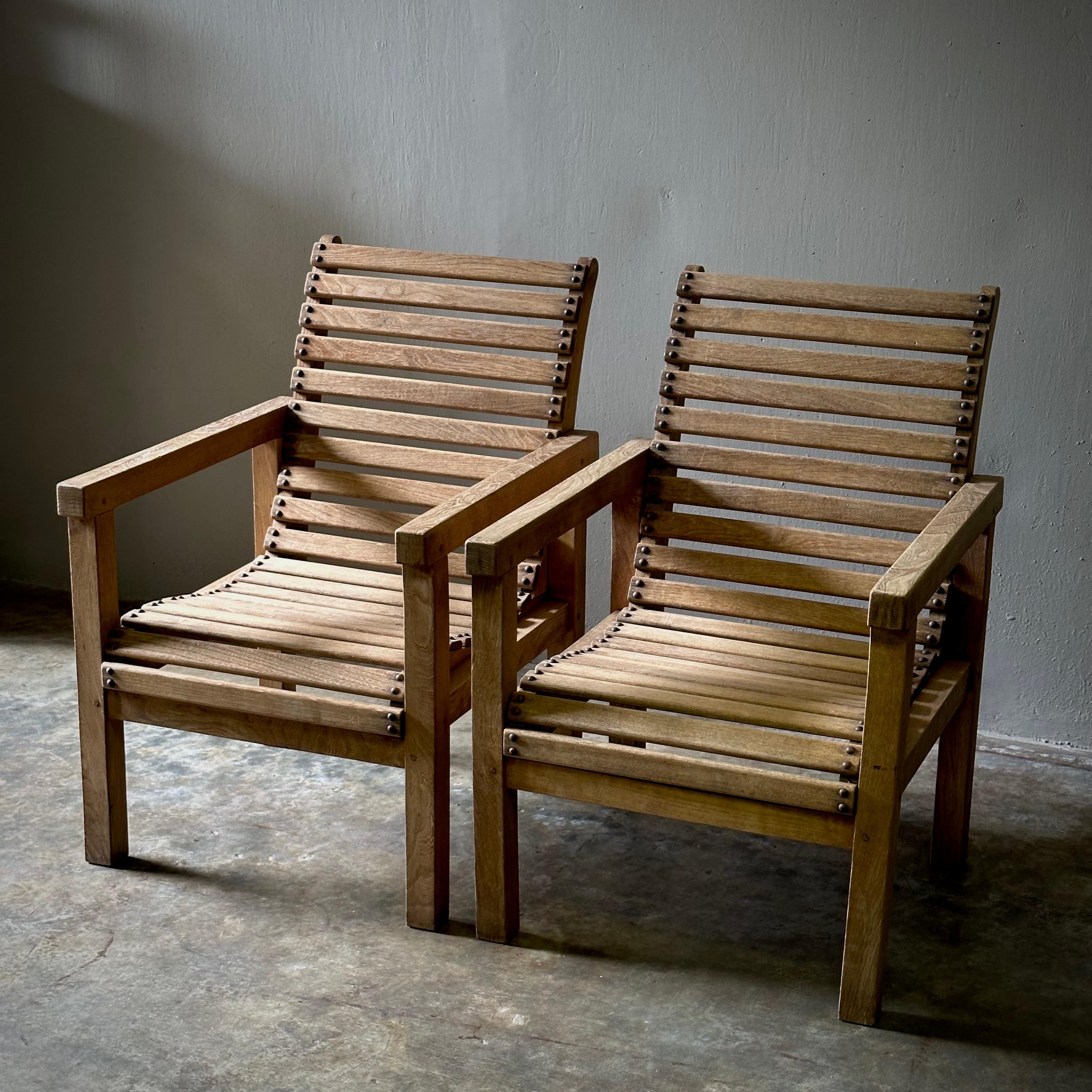 Late 20th Century Pair of French 1970s Ash Wood Armchairs For Sale