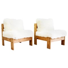 Pair of French 1970s Bleached Pine Lounger Chairs with Sheepskin Upholstery