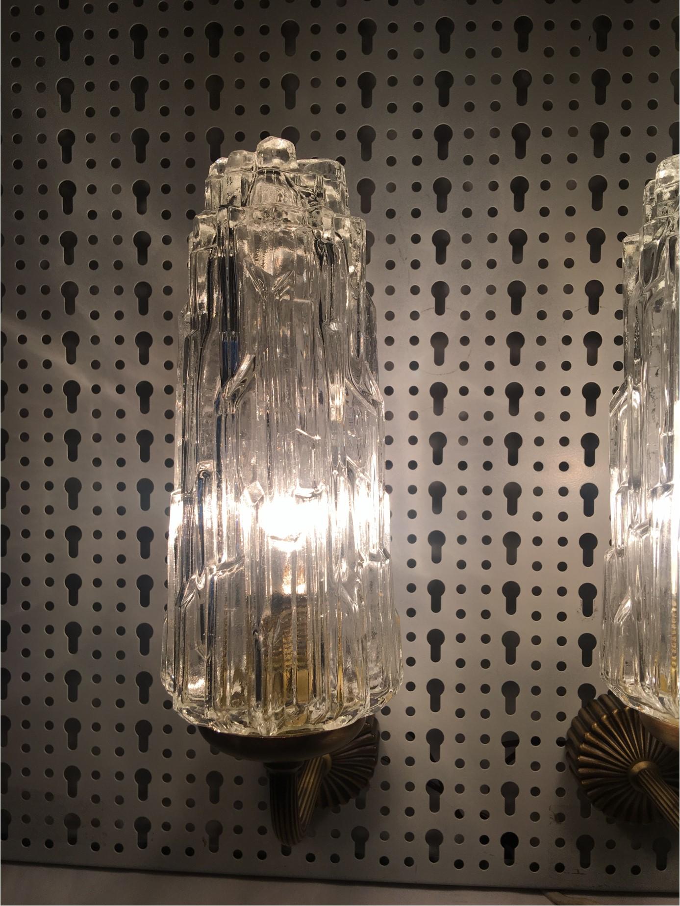Pair of French 1970s Brass and Glass Art Deco Style Sconces For Sale 1