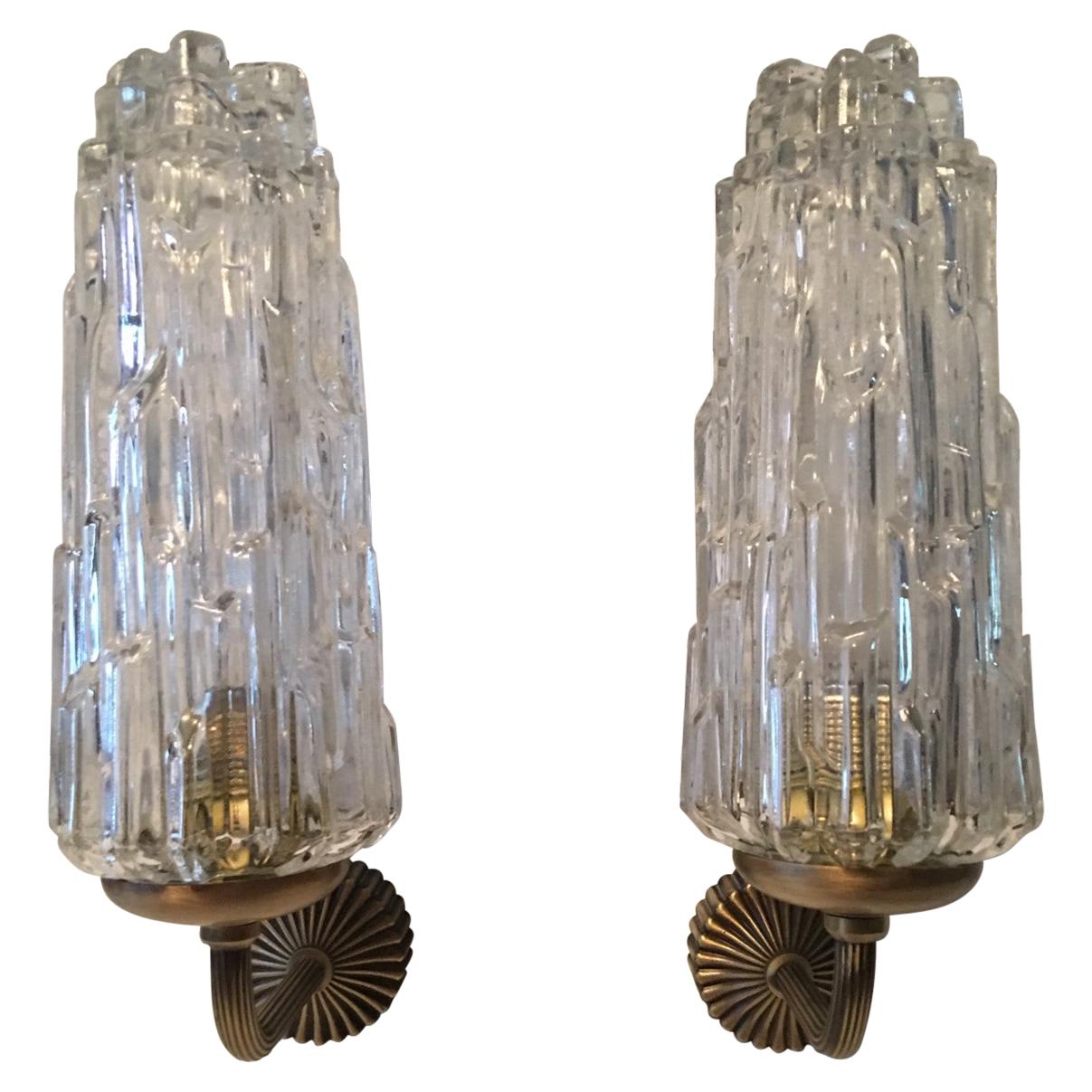 Pair of French 1970s Brass and Glass Art Deco Style Sconces For Sale