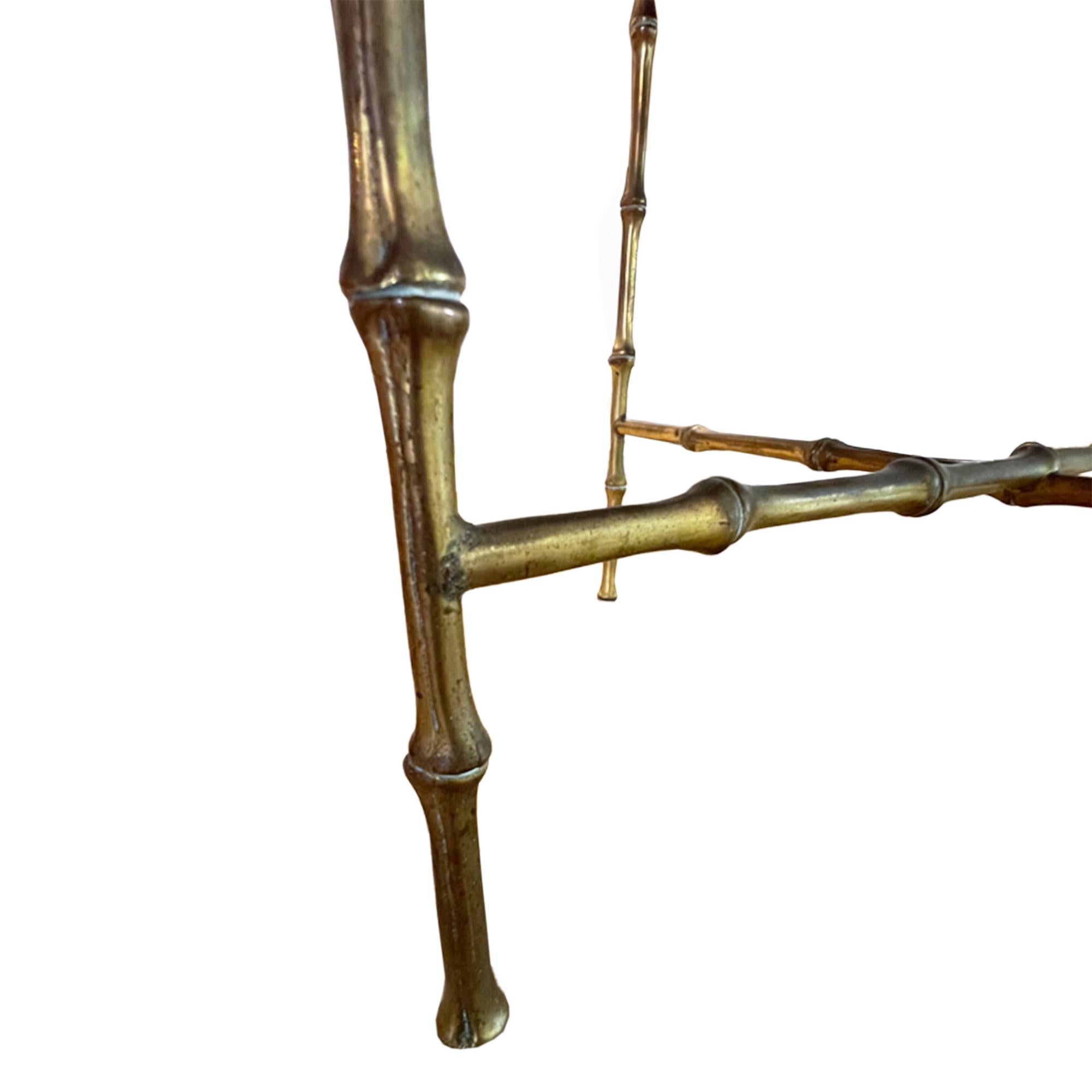 Late 20th Century Pair of French 1970s Faux Bamboo Brass and Glass Side Tables For Sale