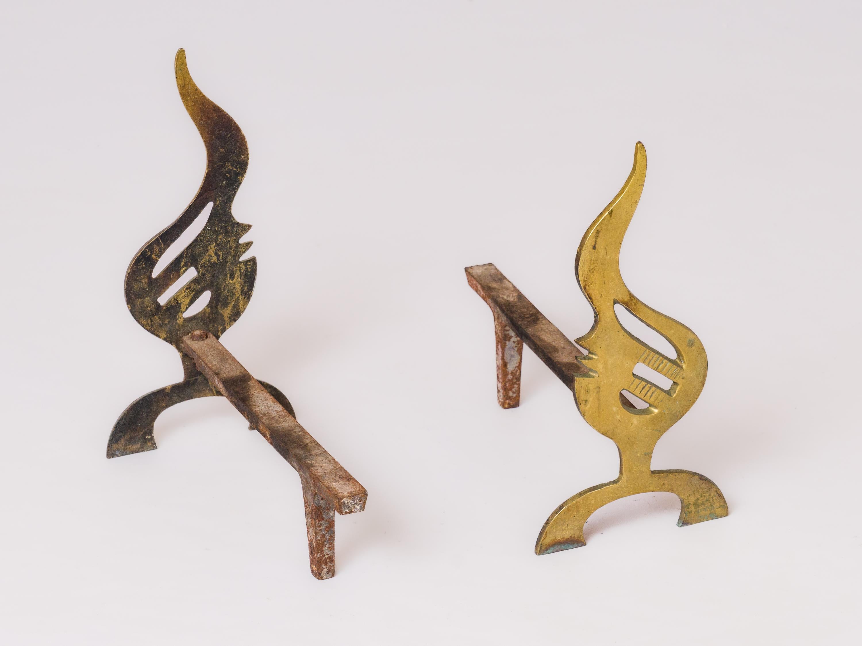 Pair of modernist 1970s French solid bronze andirons in the shape of flames. 